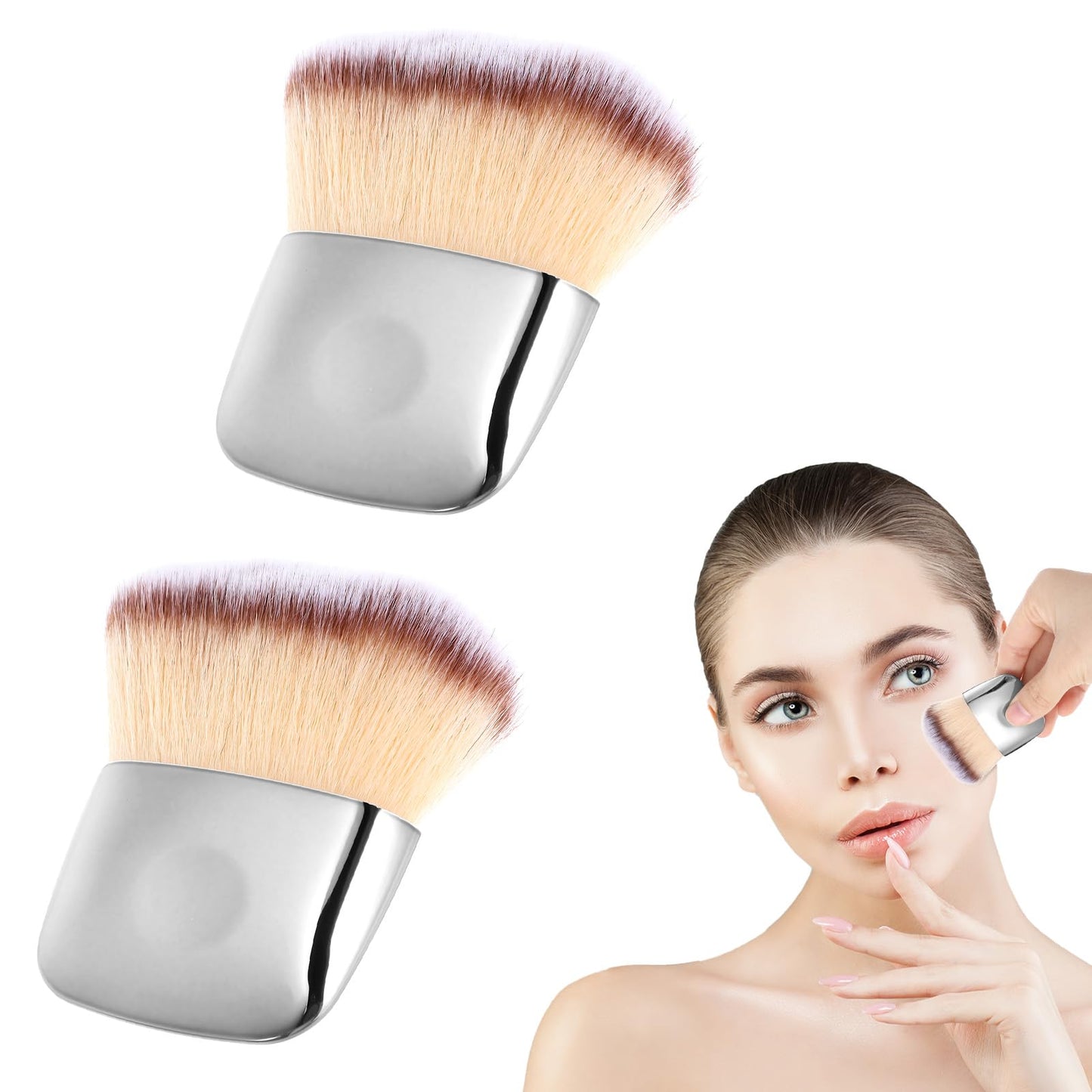 2Pcs Mini Makeup Brushes, Travel Powder Brush, Multi-functional Loose Powder and Blush Brush, Portable Soft Hair Foundation Brushes, Silver Travel Body Makeup Beauty Tool