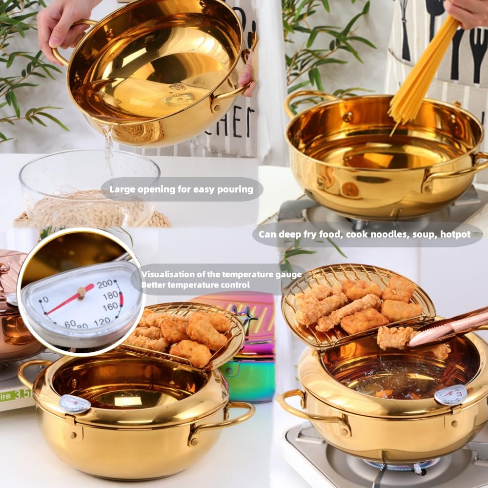 Stainless Steel Deep Fryer for Home, 115Oz Tempura Fryer Pot w/Thermometer and Oil Drip Rack Lid, Japanese Style Deep Frying Pan w/Strainer Clip, for Tempura chips, Fish, and Chicken (Rainbow Color)