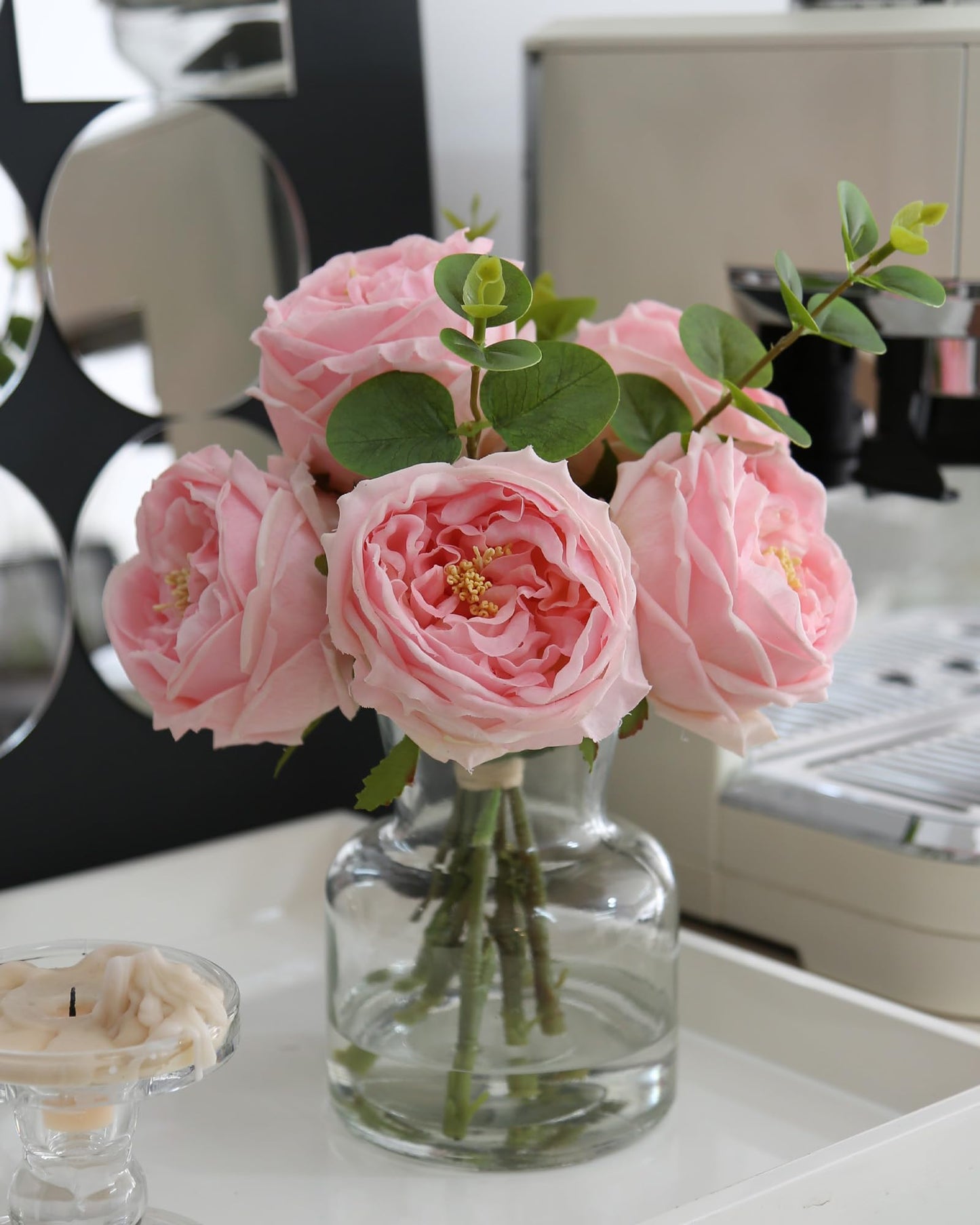CHASMILE Artificial Flowers with Pink Roses in Vase, Lifelike Fake Flowers in Vase, Faux Flower Arrangements for Dining Table Centerpiece Decor, Table Centerpieces for Dining Room