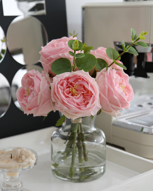 CHASMILE Artificial Flowers with Pink Roses in Vase, Lifelike Fake Flowers in Vase, Faux Flower Arrangements for Dining Table Centerpiece Decor, Table Centerpieces for Dining Room