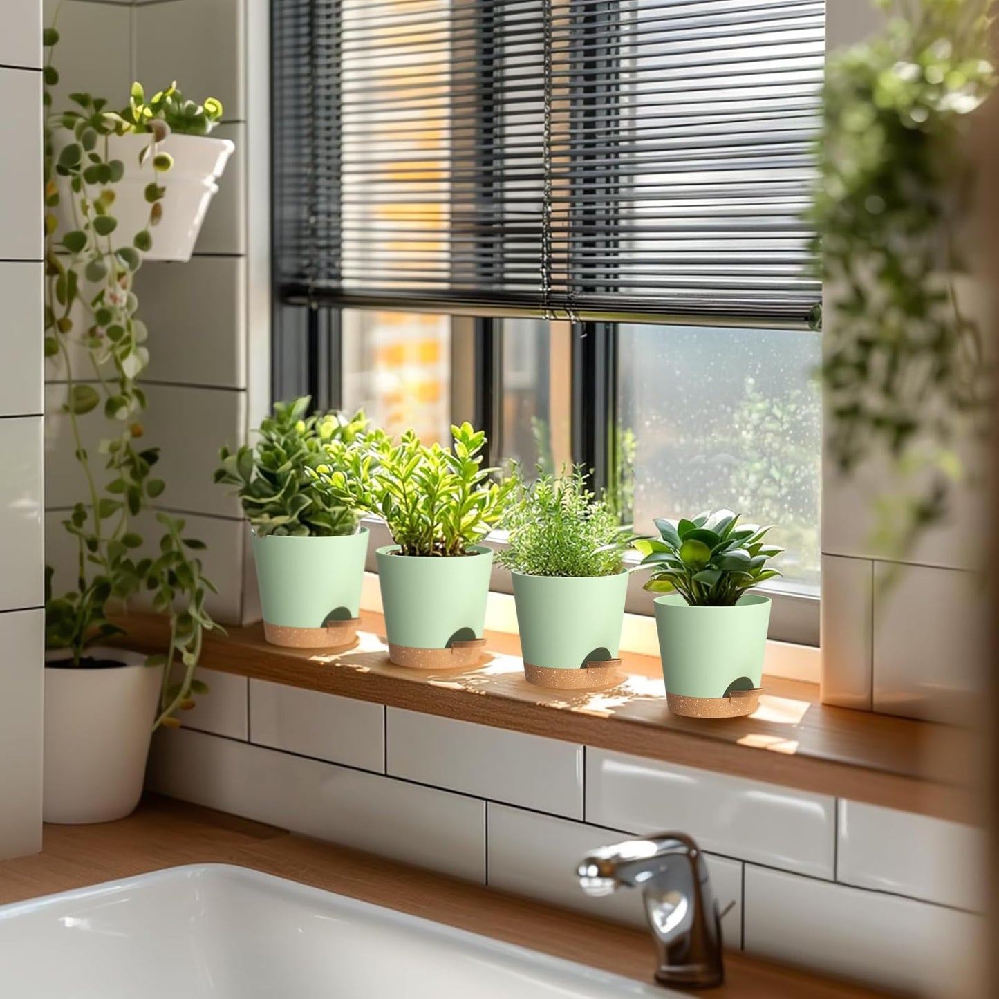 WSMKSZ 4 inch Self Watering Pots for Indoor Outdoor Plants, 6 Pack Plastic Flower Planters with Drainage Holes and Removable Saucers, Plant Pots with Wicking Rope, Modern Decor, Green Brown