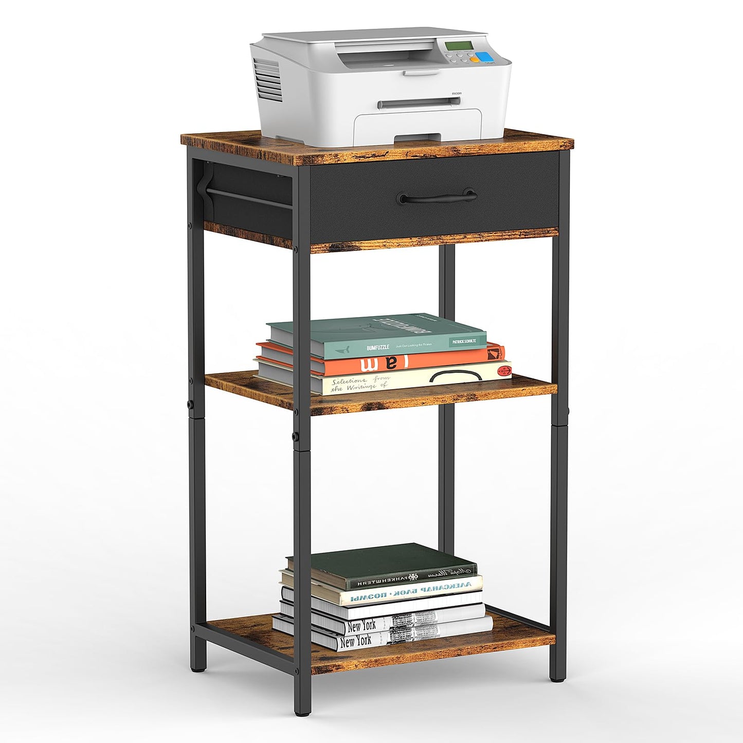 NORCEESAN Printer Stand with Storage, 3 Tier Printer Table for Small Spaces Nightstand with Fabric Drawers Office Side Table with Shelves Industrial Wood Night Stand for Home, Rustic Brown