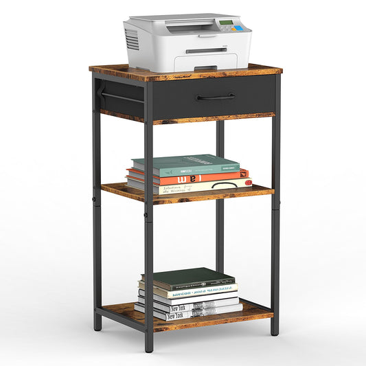 NORCEESAN Printer Stand with Storage, 3 Tier Printer Table for Small Spaces Nightstand with Fabric Drawers Office Side Table with Shelves Industrial Wood Night Stand for Home, Rustic Brown