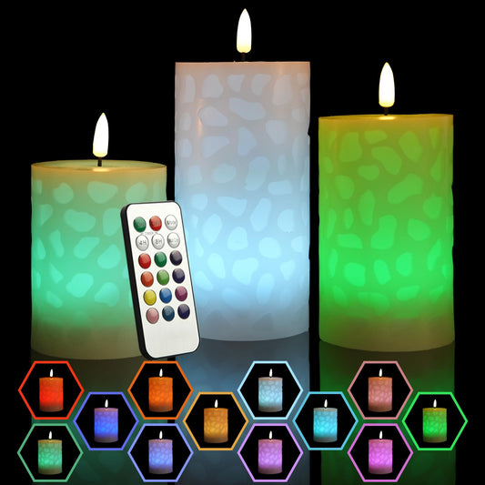 NICEME 3PCS LED Multi Colored Flameless Candles with Remote Control Timer Warm Flickering Flame Color Changing Candles Realistic Wax Battery Operated Candles for Home Decor, D3 x H4 5" 6"