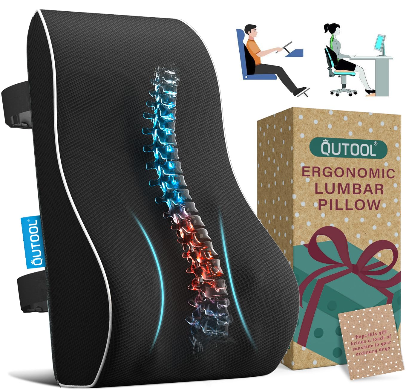 QUTOOL Lumbar Support Pillow for Office Chair,Office Home Essentials,Back Support Pillow for Car, Chair Cushions,Back Pain Relief Improve Posture,Mesh Cover Double Adjustable Straps