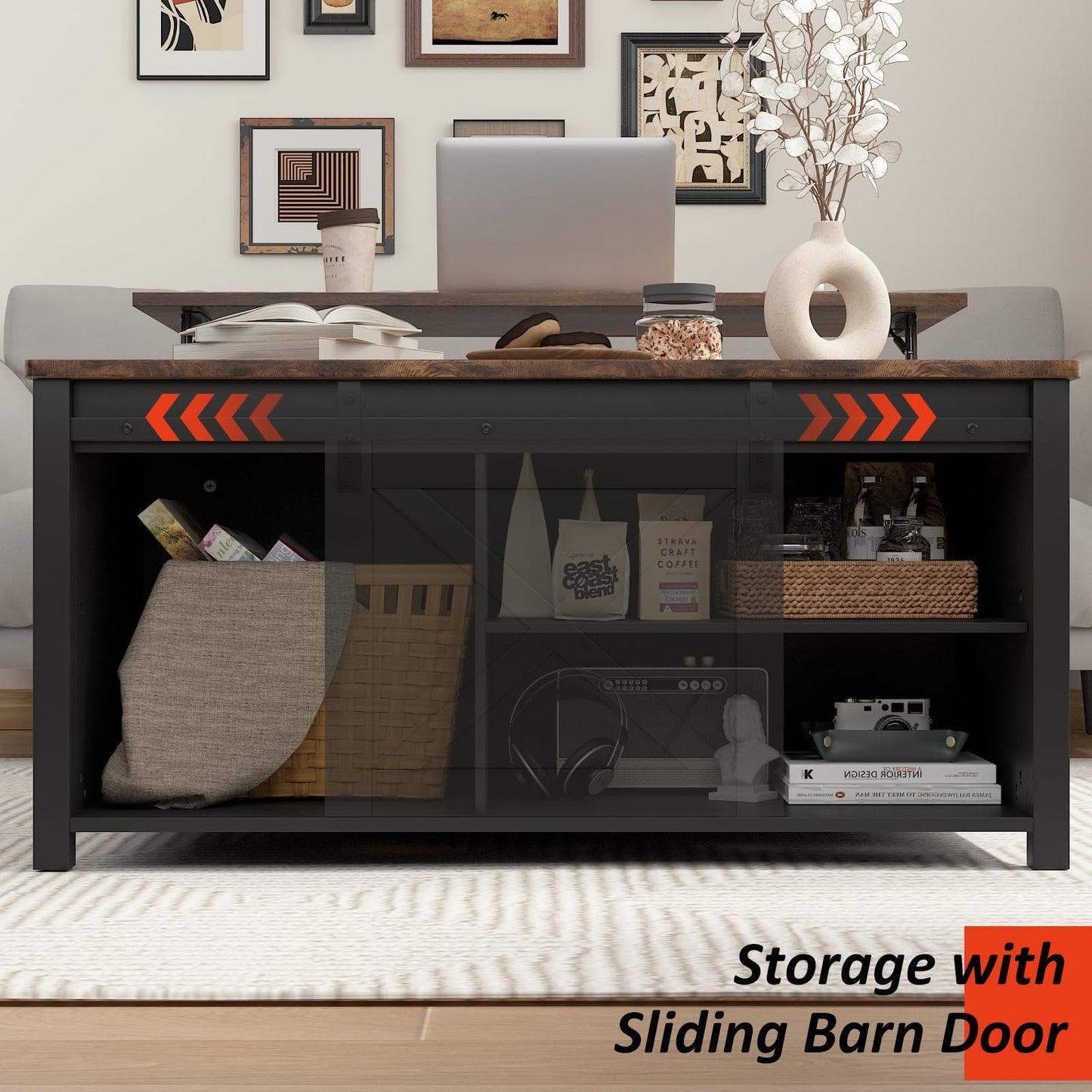 PUKAMI Lift Top Coffee Table with Storage, 31.5" Farmhouse Coffee Table for Living Room, Square Coffee Tables with Large Hidden Storage and Sliding Barn Doors, Black