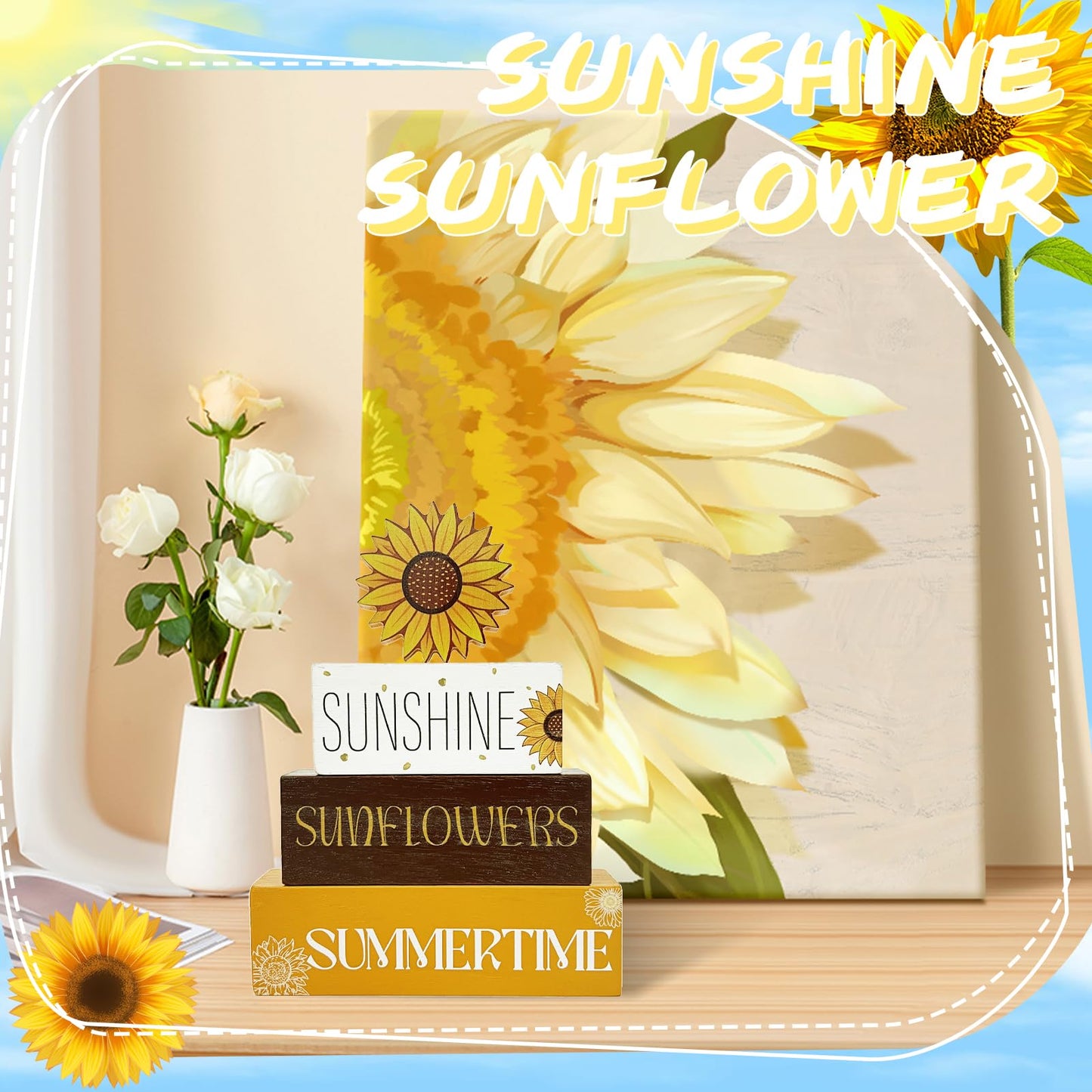 4 Pcs Summer Sunflower Wood Table Decor,Sunflower Tiered Tray Decor Wooden Tabletop Wooden Decors, Sunflower Home Party Gifts Farmhouse Table Decor Sign for Guest Decorations (Sunflower)