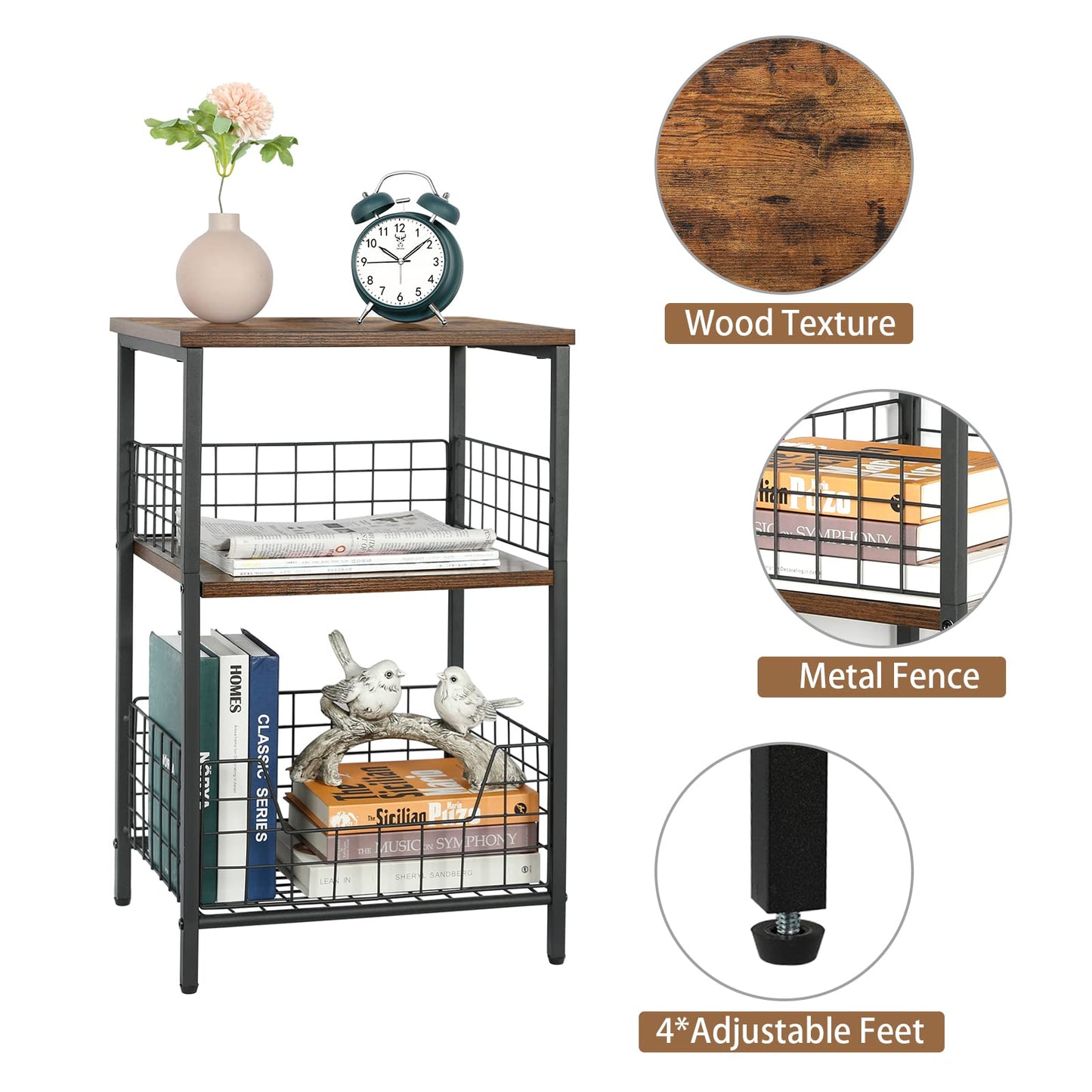 X-cosrack Side Table, Small End Table Record Player Stand with Storage, Vinyl Record Storage Night Stand for Living Room, Bedroom,Office(Patent Pending)(Rustic Brown & Black)