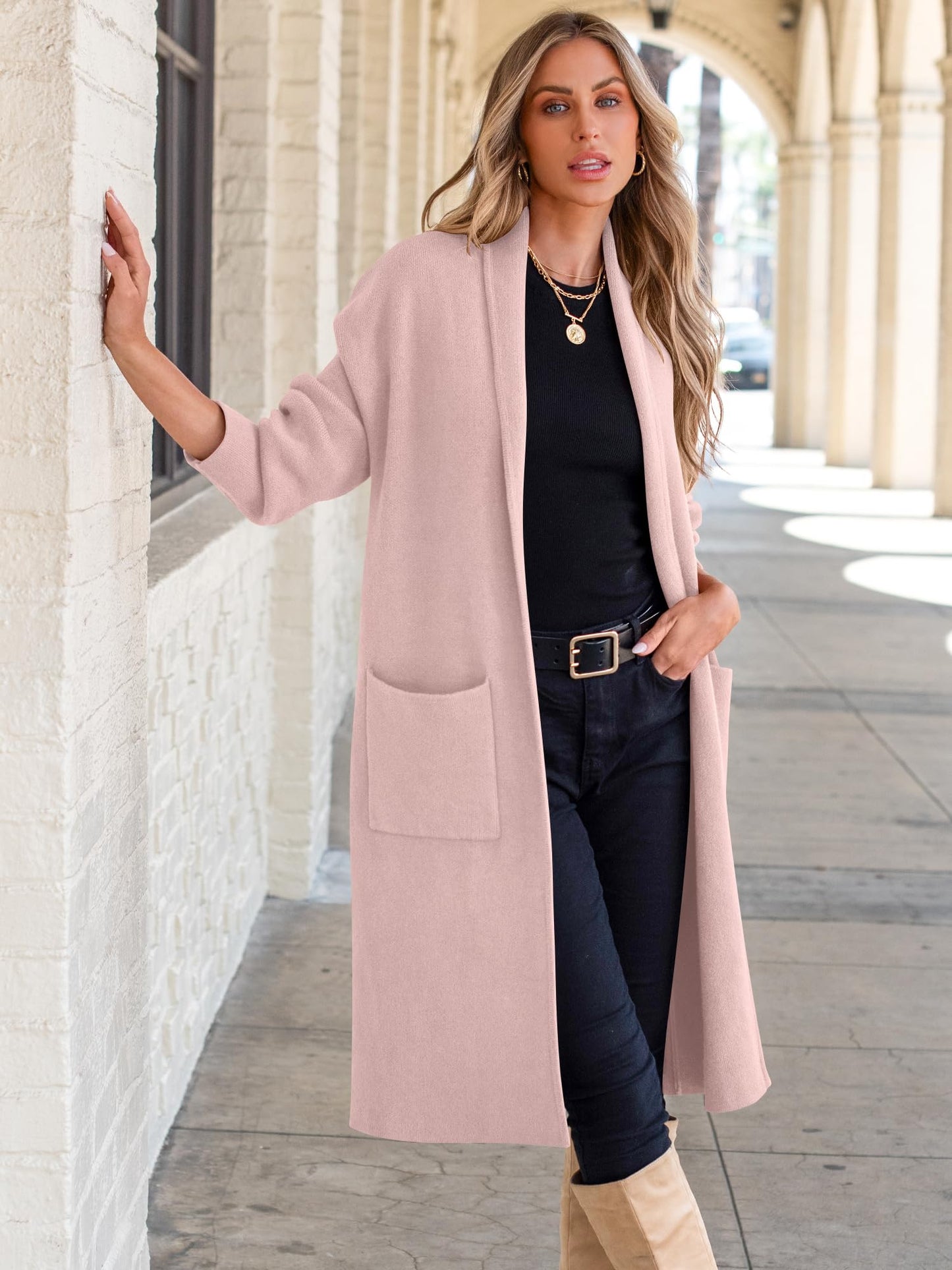 ANRABESS Women's Cardigan Long Sweater Oversized Open Front Knit Duster Coat 2025 Trendy Lady Fall Coatigan Outerwear Light Pink Medium