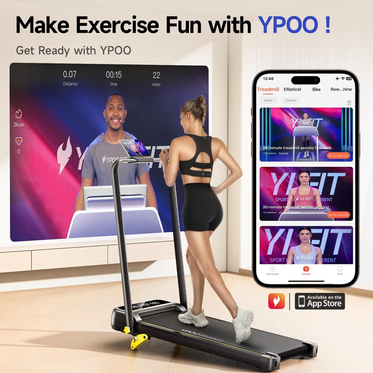 YPOO Foldable Treadmill with Incline, Walking Pad with Handle Bar 3 Level Incline, Portable Folding Treadmills for Home/Office 300 Lbs Capacity, Quiet Desk Treadmill with Remote Control & APP