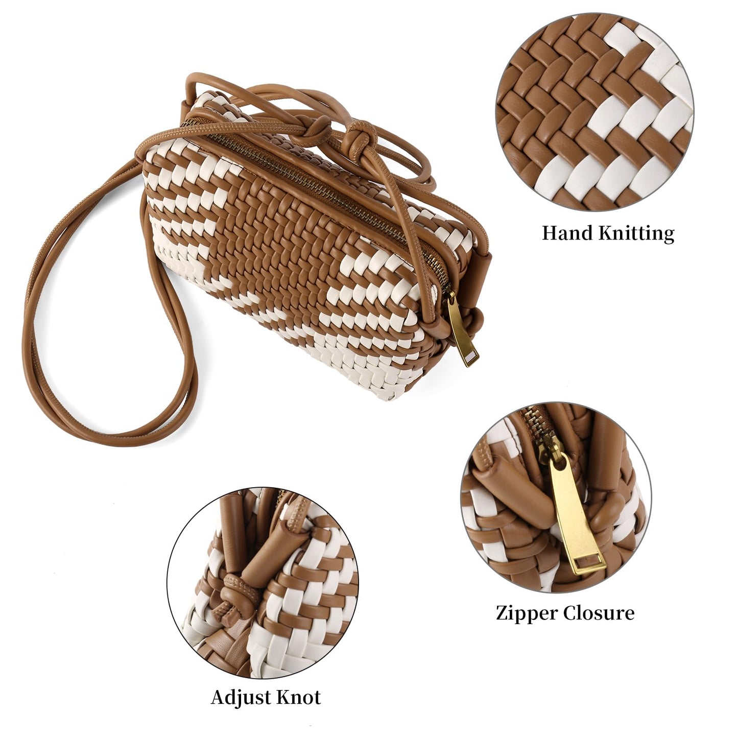 Crossbody Bag for Women Trendy Woven Purse Vegan Leather Small Shoulder Handbags with Strap (Brown and White)