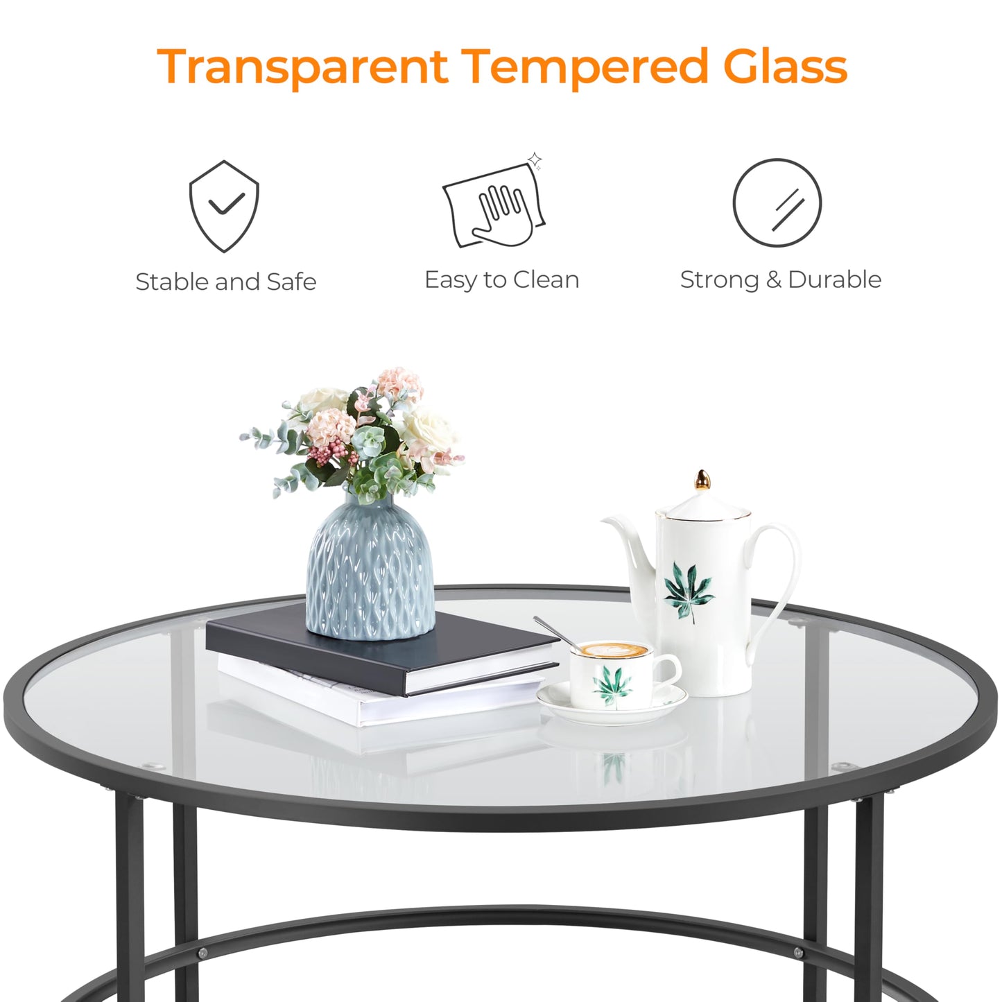 Yaheetech 36" Round Glass Coffee Table, Black Circle Coffee Table Center Table with Glass Top, Small Coffee Table for Living Room, Office & Apartment