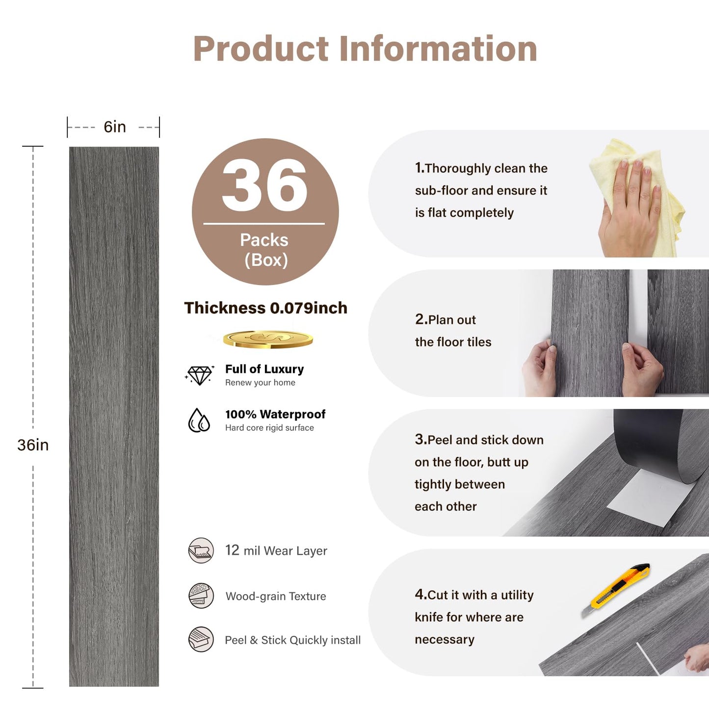 INMOZATA Peel and Stick Floor Tile Vinyl Flooring, Waterproof Vinyl Plank Flooring 36-Pack 54 Sq.Ft Wood Grain Self Adhesive Peel and Stick Flooring for Bedroom, Living Room, Kitchen, RV(Deep Gray)