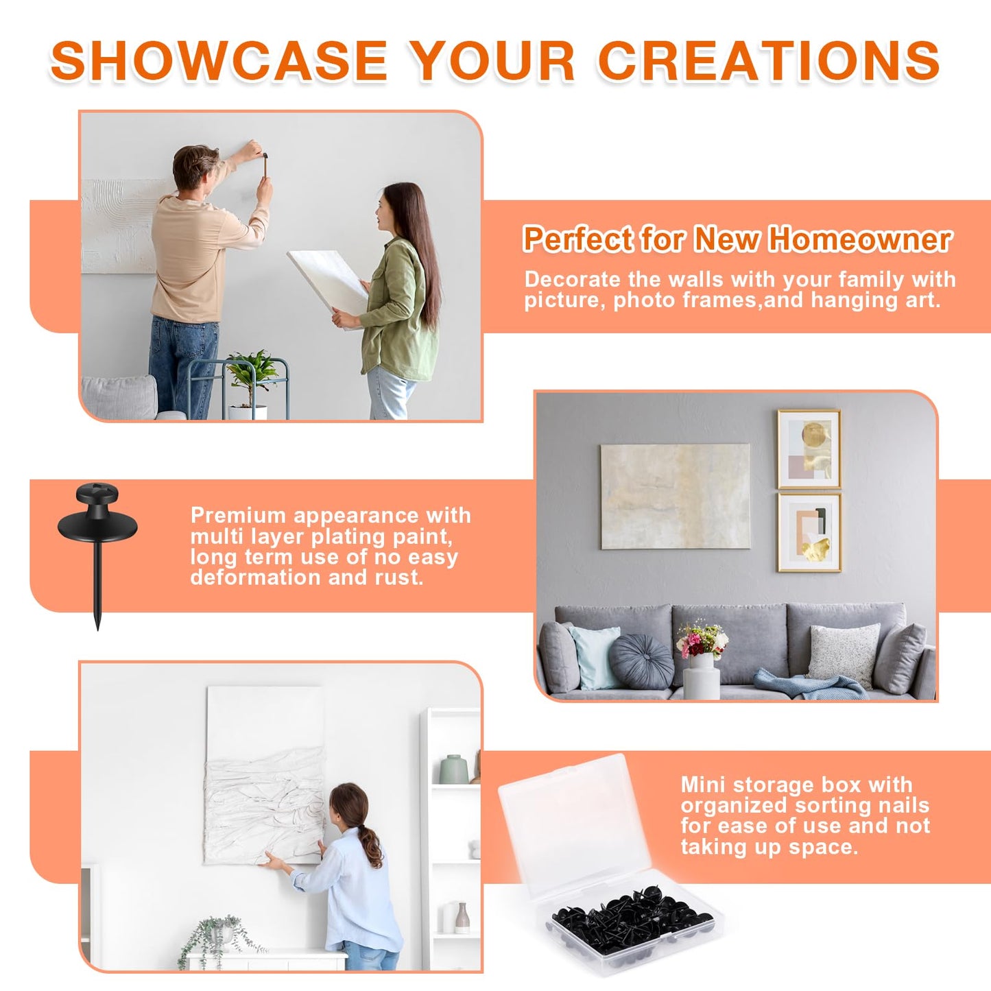 50 PCS Push Pins Picture Hangers Wall Hooks, Double Headed Thumb Tacks Without Nails, Renter Friendly Decor Thumbtacks for Tapestry Frame Art Photos (Black)