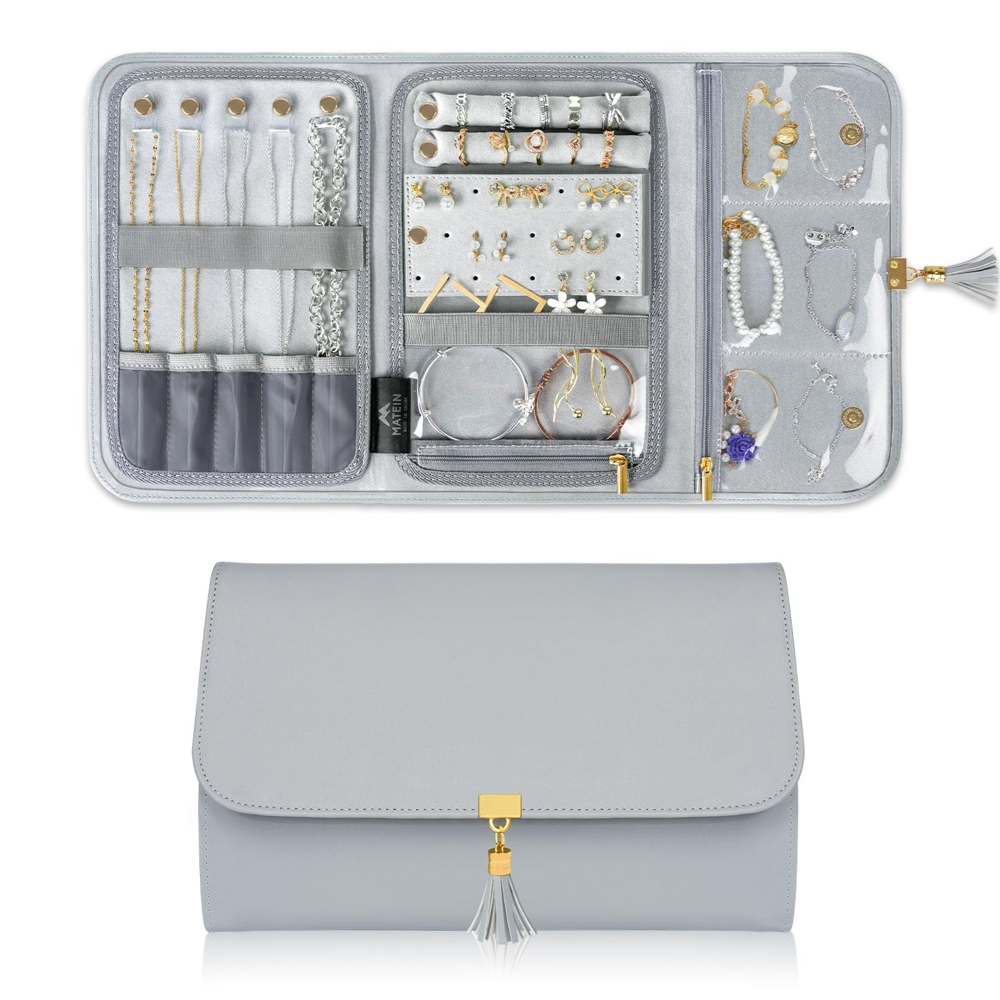 MATEIN Jewelry Travel Organizer for Women, Tangle Free Portable Leather Jewelry Storage Roll Bag Envelope Clutch, Waterproof Lightweight Jewelry Case Holder for Necklaces, Rings, Earrings, Bracelets