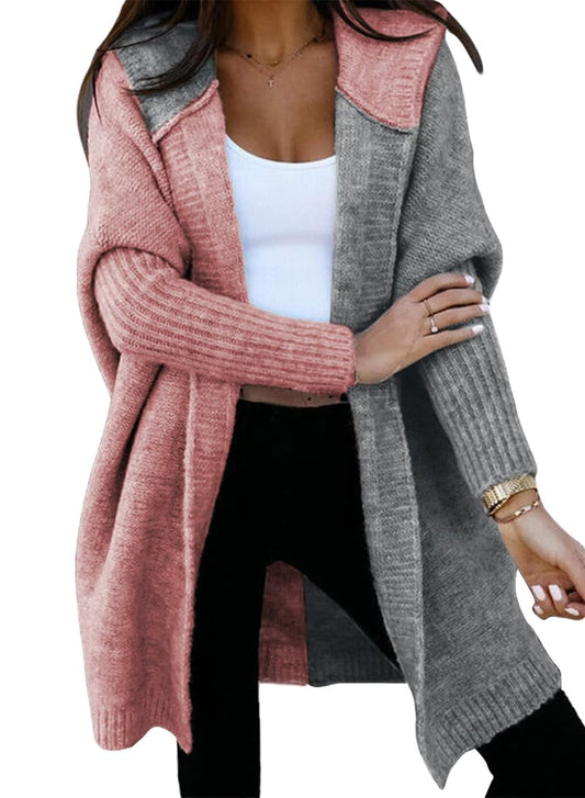 Astylish Women Casual Fall Fashion Hooded Color Block Open Front Cardigan Long Sleeve Sweater Outwear Pink Large