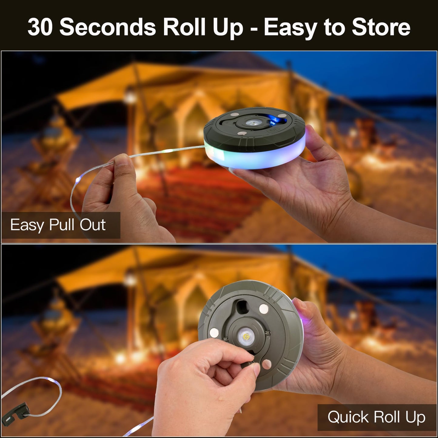 Camping String Lights,4 in 1 Outdoor Rechargeable String Lights with 8 Lighting Modes(32.8Ft),Quick Recovery, Durable & Waterproof,USB Charging,Portable Camping Lights for Hiking patio backyard party