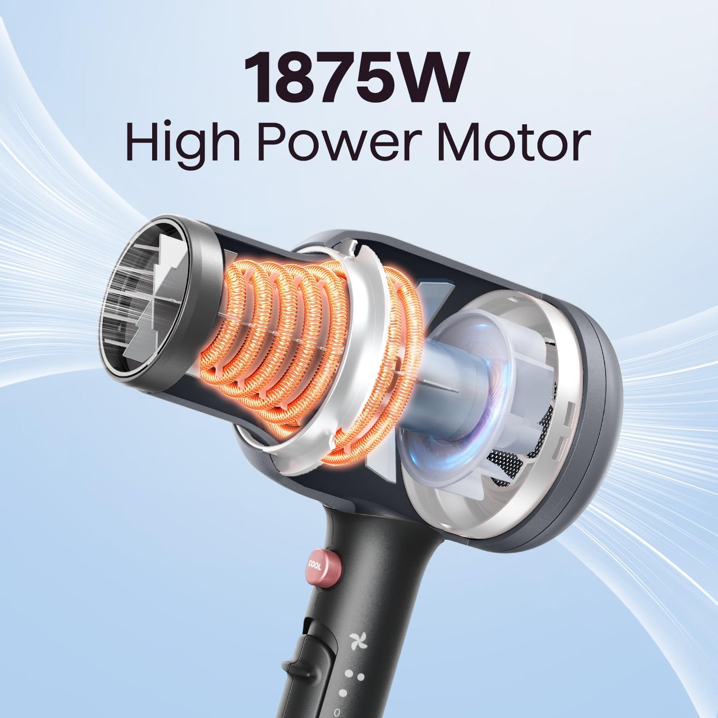 Wavytalk Blow Dryer, Blown Away Ionic Hair Dryer for Curly Hair with Diffuser, 1875W Fast Drying Blow Dryer with Ceramic Technology, 3 Attachments for All Hair Types, Light and Quiet, Grey