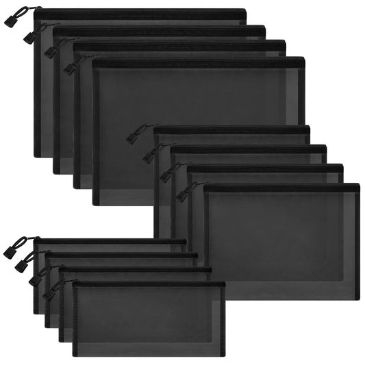 Sinzip 12 Pieces Zipper Nylon Mesh Pouch, Mesh Cosmetic Bags Makeup Bags Pencil Case, Multipurpose Travel Bags for Cosmetic School Office Supplies and Travel Accessories (Black, Assorted Sizes)