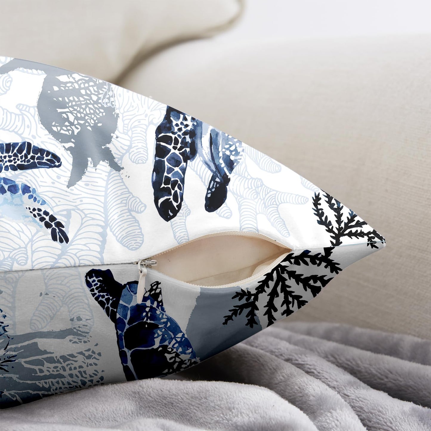 weesire Nautical Coastal Throw Pillow Covers Set of 2 Beach Themed Ocean Coral Sea Turtle Decorative Pillow Cases Outdoor Sofa Cushion Cover for Bedroom Living Room, 18x18, Blue