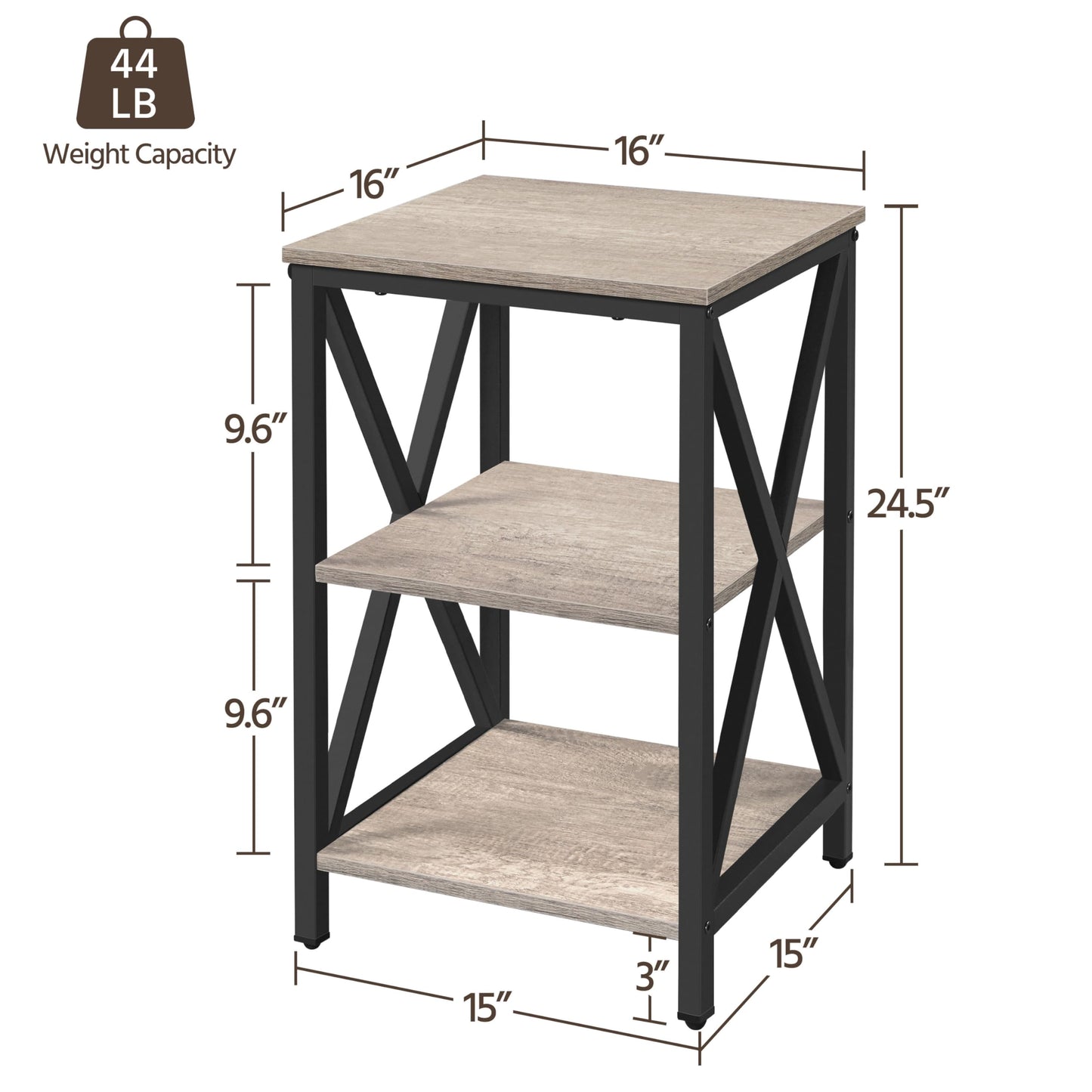 Yaheetech Industrial End Tables Set of 2, 3-Tier Side Tables with Storage Shelves for Living Room, X Design Sofa Tables, Strong Metal Frame, Easy Assembly, 16x16x24.5 in, Gray