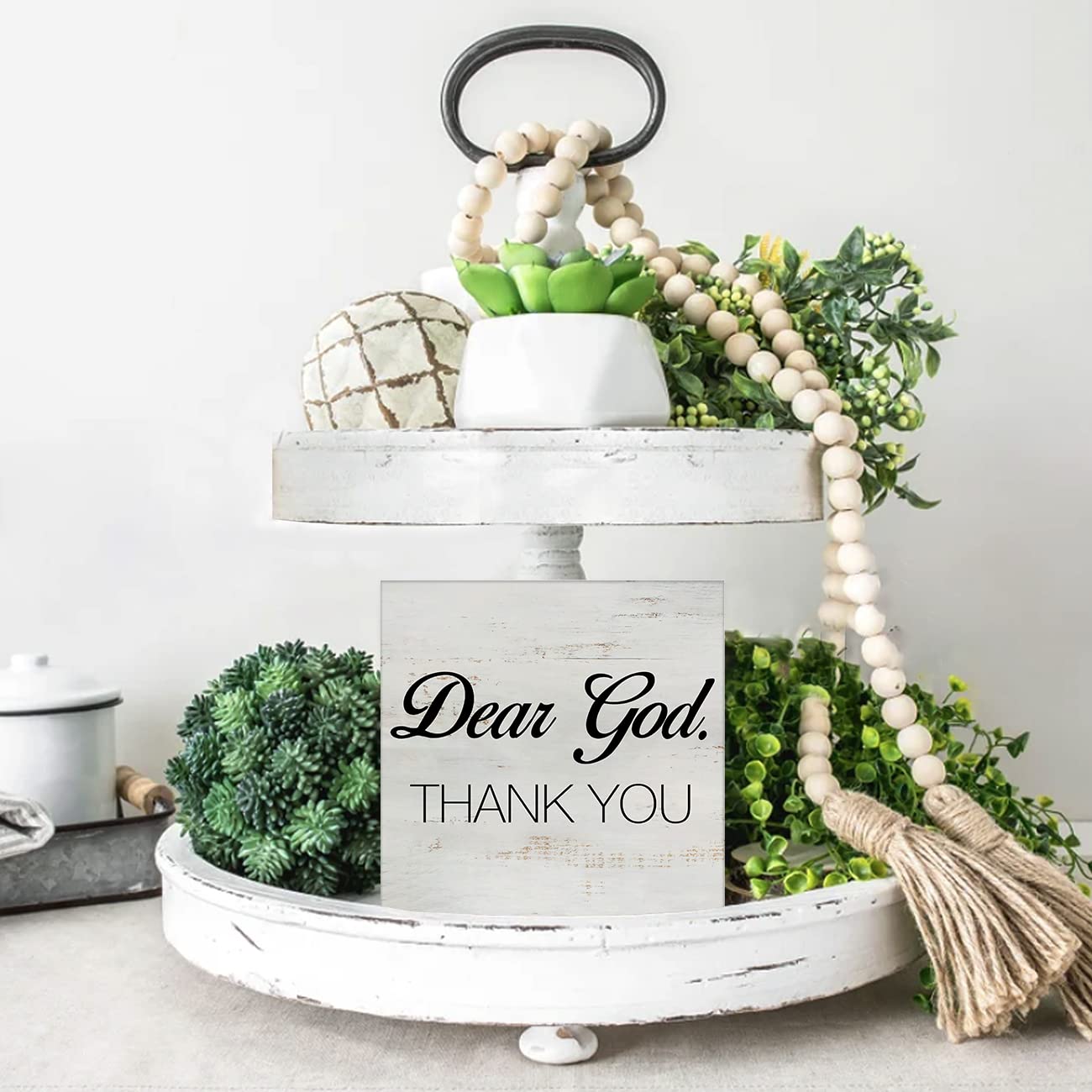 Dear God Thank You Wooden Box Sign Desk Décor Farmhouse Wood Block Plaque Rustic Box Sign for Living Room Shelf Table Decoration (5 X 5 Inch)