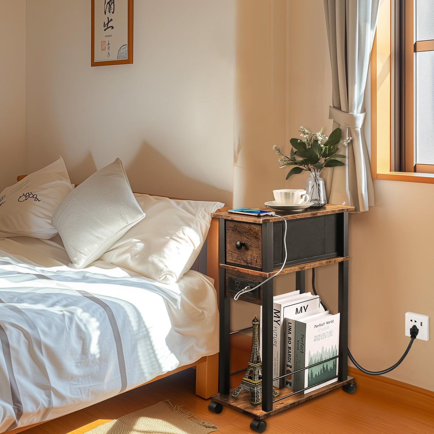 DGSANDGO Side Table with Charging Station and Drawer, Narrow End Table with USB Ports and Outlets for Small Space, Living Room, Bedroom and Office, with 4 Wheels (1, Rustic Brown + Black)