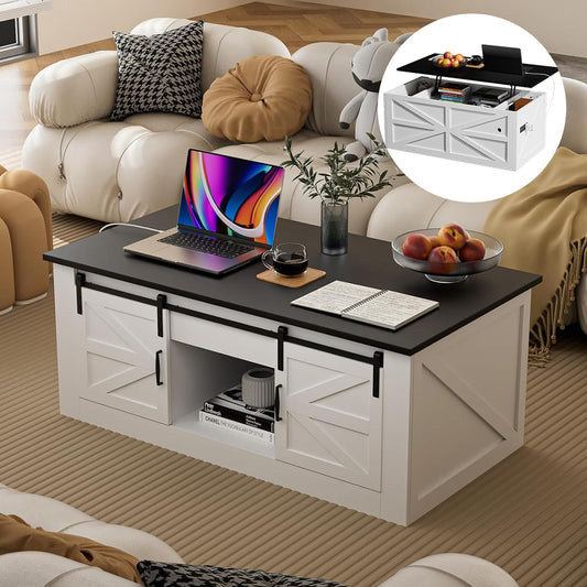 HPWLYQ 48" Lift Top Coffee Table with Storage & Power Outlets, Farmhouse Coffee Table with Sliding Barn Doors, Wood Square Center Table for Living Room Office Black