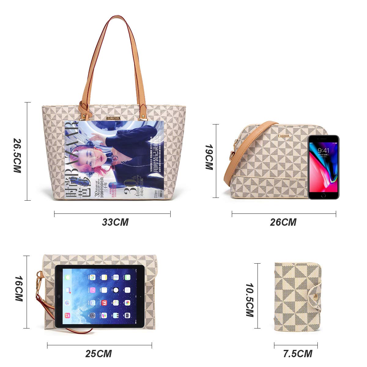 Women Fashion Synthetic Leather Handbags Tote Bag Shoulder Bag Top Handle Satchel Purse Set 4pcs