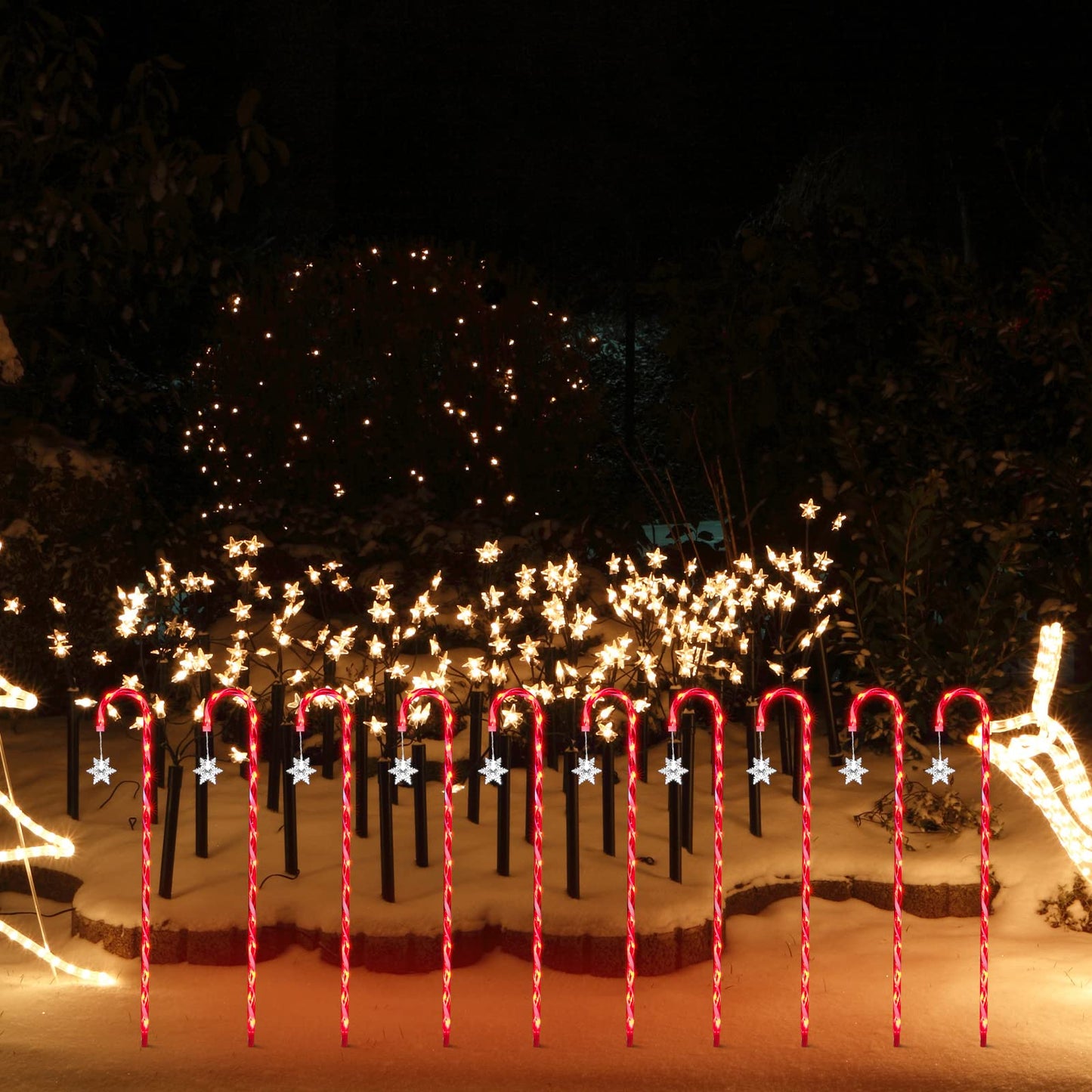 JUSTPRO 10 Pack 33" 160LED Candy Cane with Snowflake Lawn Stake Light , Christmas Candy Cane Lights - Pathway Markers Christmas Outdoor Yard Decorations with 11-Functions (RED and White )