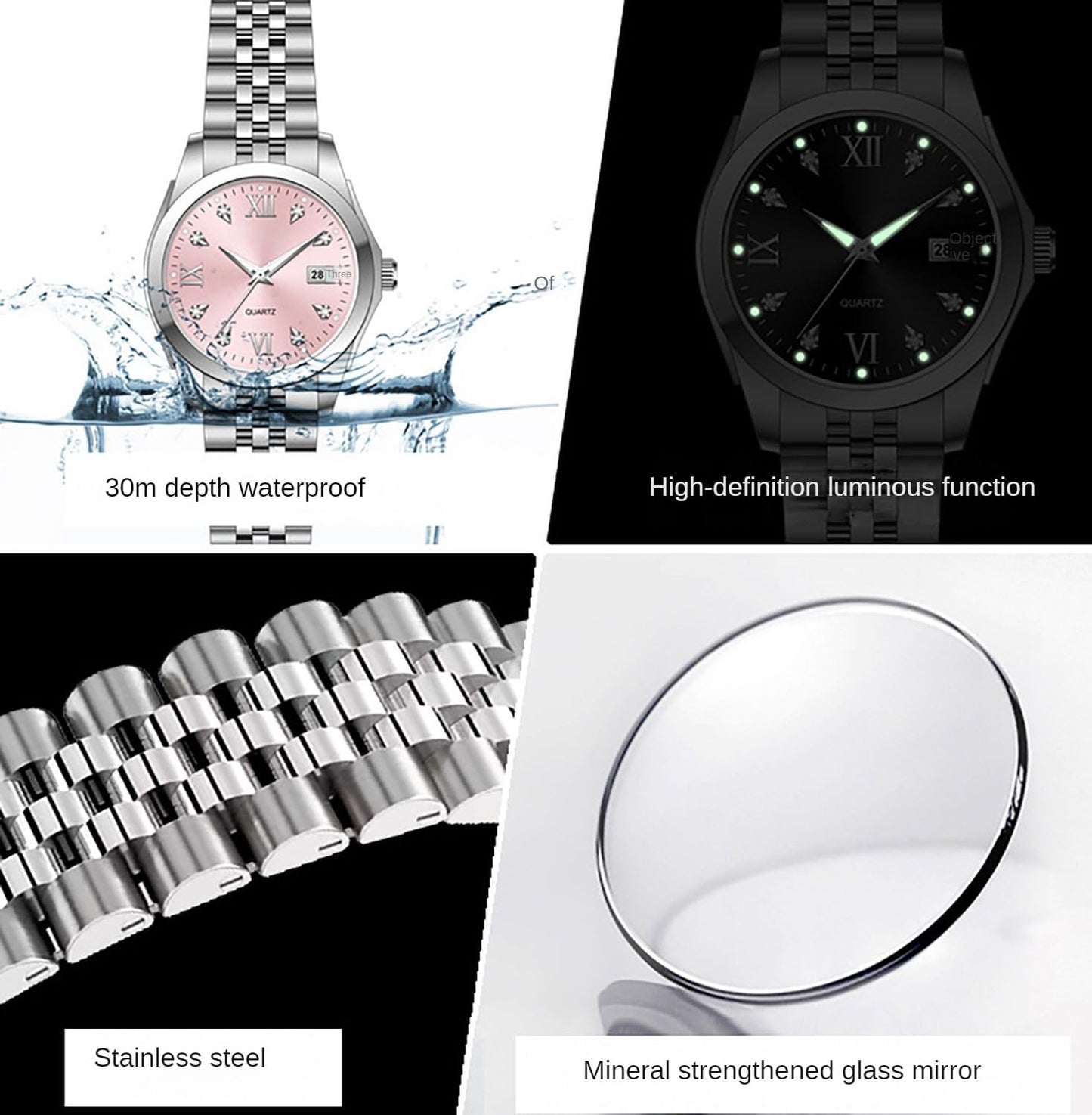 BESTKANG Women's Bracelet Watch Stainless Steel Quartz Watch Luminous Waterproof Watch Business Watches for Women (Pink)