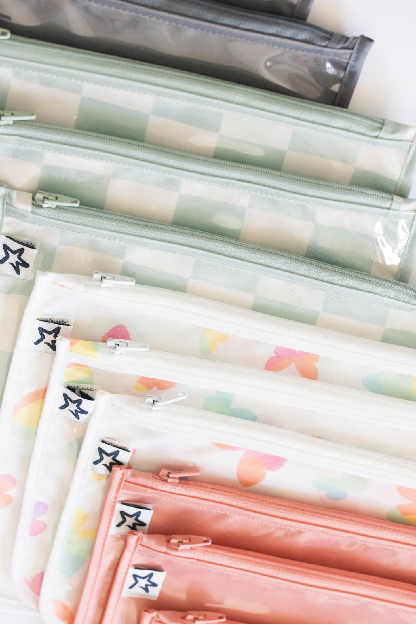 Tiny Twinkle Mess-proof Travel Bags, Airline Compliant, Zipper Closure, Clear Front Pouch, Diaper Bag Packing, Toiletry or Cosmetics Organizer 3 Pack Set (Sage Checkers)