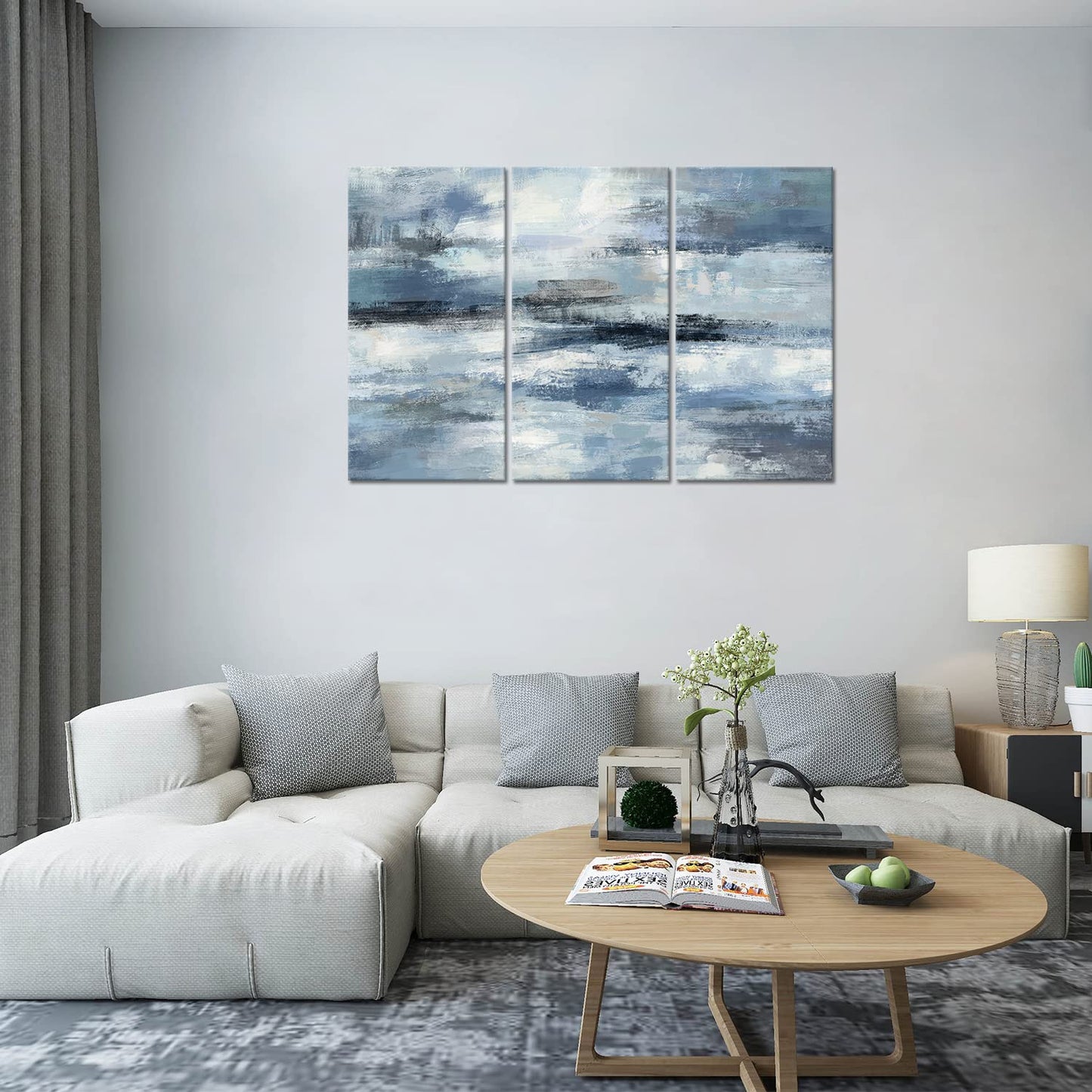 Blue Abstract Wall Art-Grey Abstract Picture 3 Piece Living Room Office Canvas Wall Art Print Wall Painting Modern Artwork for Home Bedroom Wall Decor