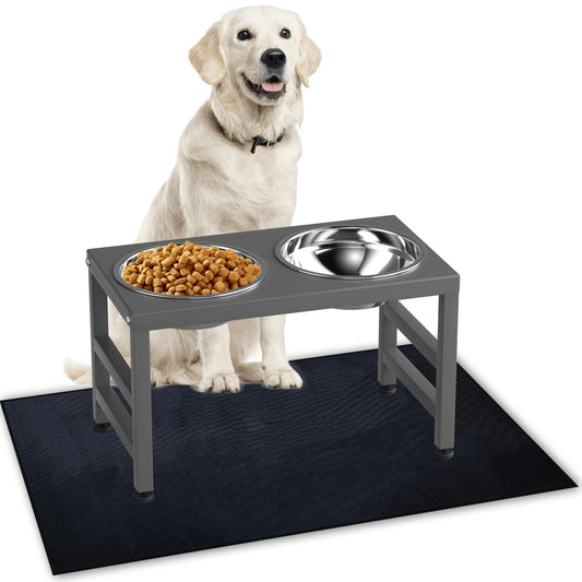 ADENGL Metal Raised Dog Bowl, 10" Tall Elevate Dog Feeder Stand with 2 Stainless Steel 42oz Bowls & 16x24 Non-Slip Mat – Stronger Dogs Food & Water Bowl Stand (Grey)
