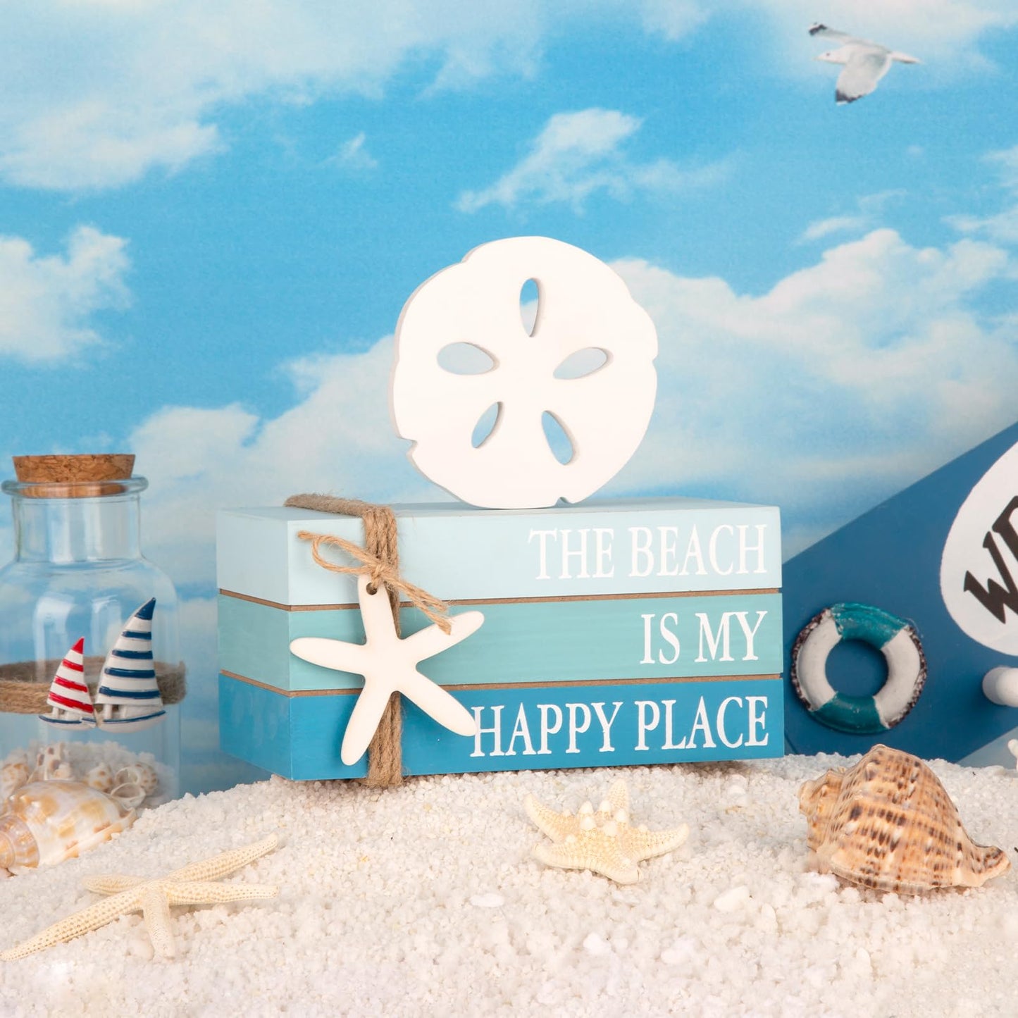 Beach Coastal Decor Stacked Books Set with Starfish & Sand Dollars Accents, Summer Tiered Tray & Blue Wooden Ocean Book Decor for Farmhouse, Beach House, Table Centerpiece