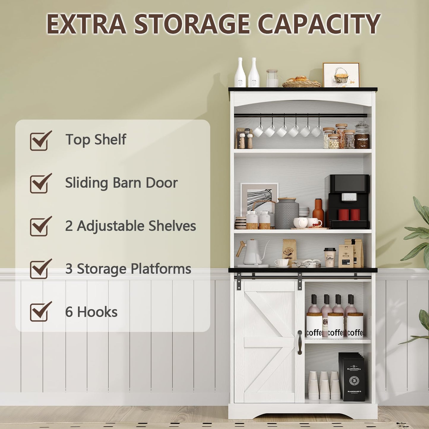 4ever2buy Farmhouse Tall Coffee Bar with Tall Hutch, Buffet Cabinet with Storage, 70 Inch Coffee Bar Cabinet with Sliding Barn Door and Adjustable Shelves for Living Dining Room, White