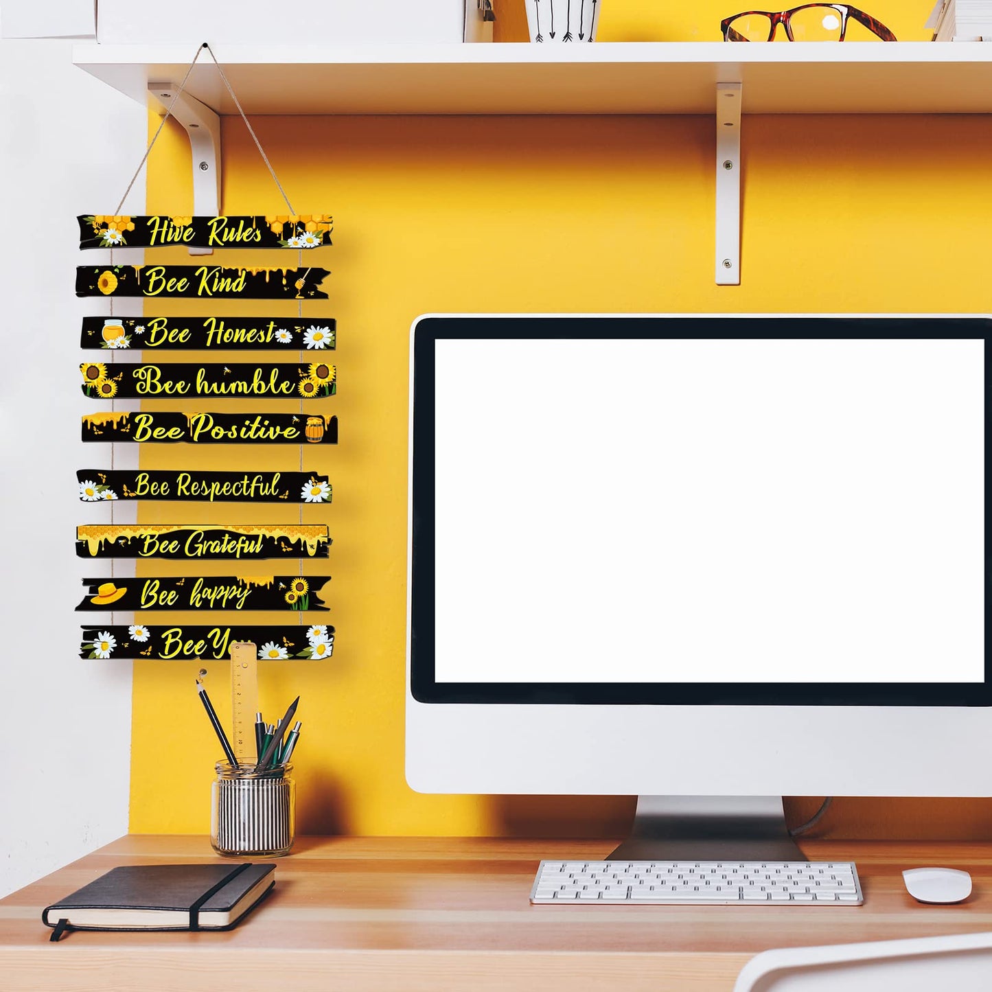 Jetec Bee Decor Plaque Gift Bee Sign Hive Rules Wall Decor Christmas Daisy Ornament for Xmas Home Spring Daisy Sunflower Decorations for Living Room Kitchen(Black)