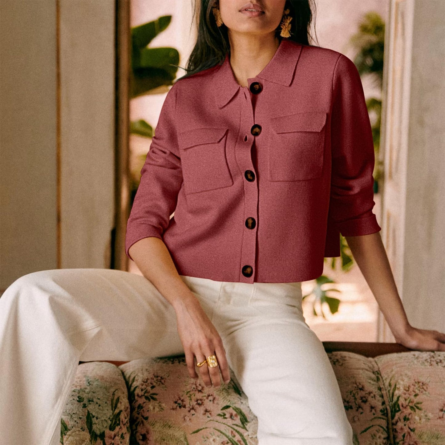 Senllen Women Cropped Cardigan Sweaters 2025 Casual Trendy Collared Button Down Open Front Long Sleeve Knit Shackets Jackets