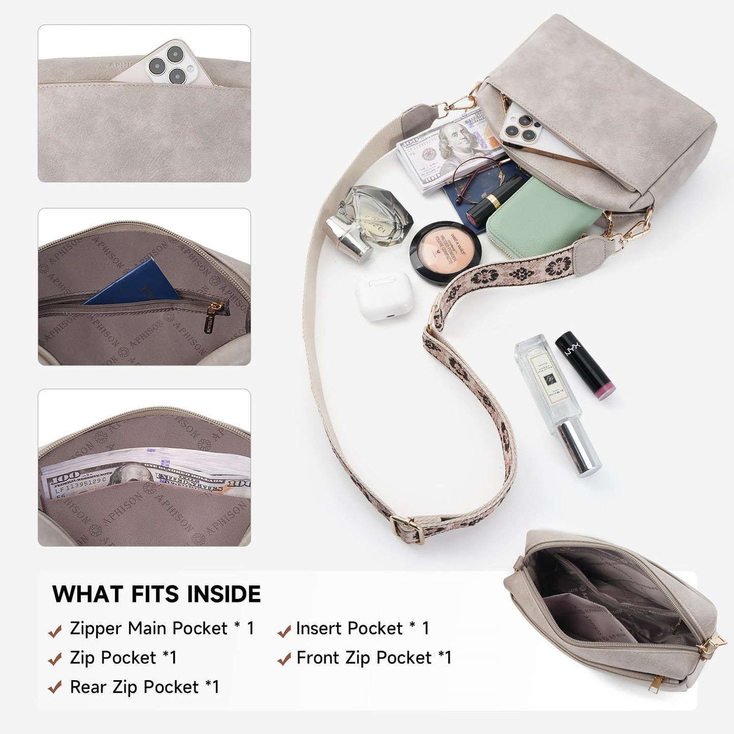 APHISON Small Crossbody Bags for Women, Triple Zip Crossbody Cell Phone Purse Shoulder Handbags with Adjustable Strap Gray