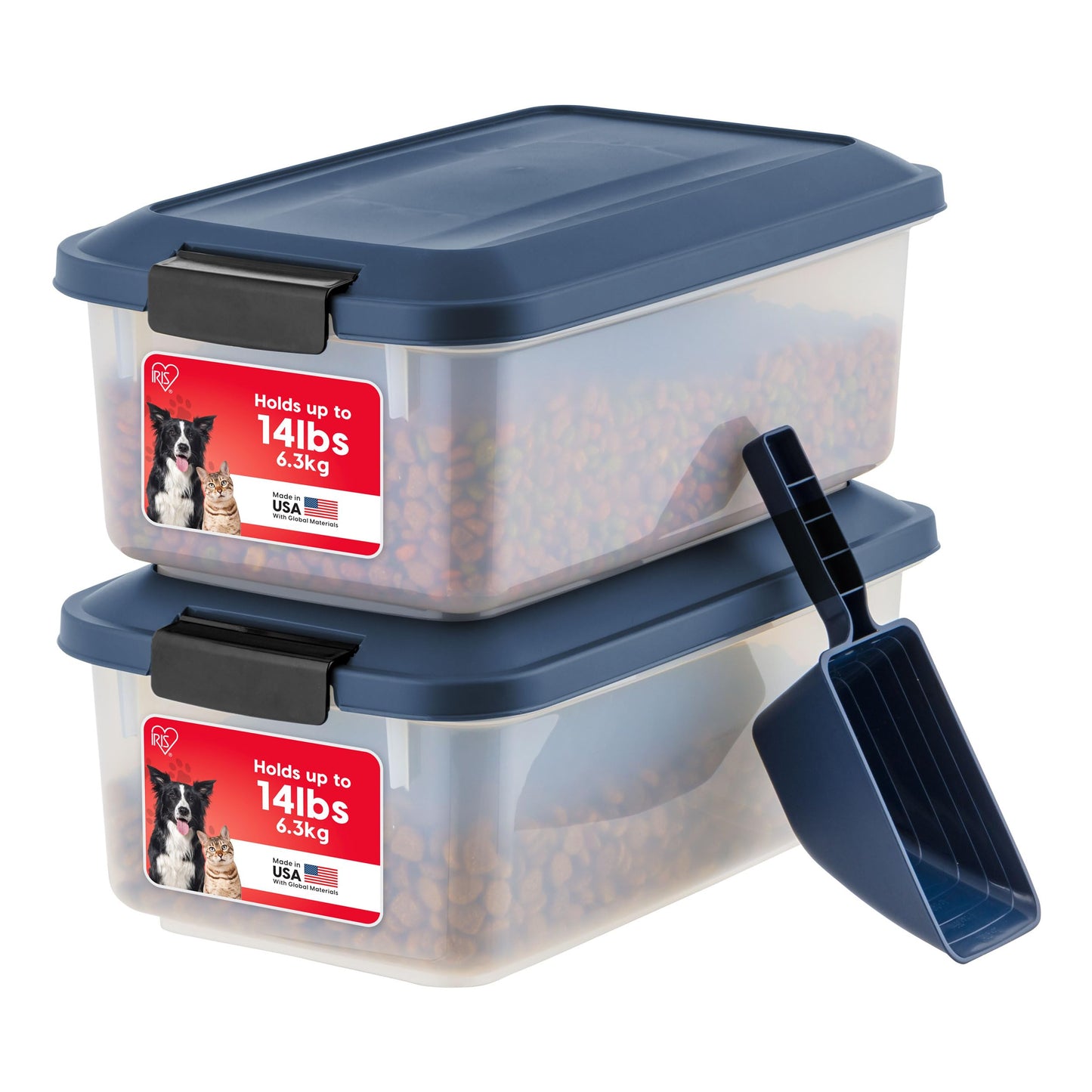 IRIS USA WeatherPro Airtight Pet Food Storage Container, Up to 14 lbs, Dog Cat Bird and Other Pet Food Storage Bin Keep Pests Out Translucent Body BPA Free Stackable, 2 Pack, Navy