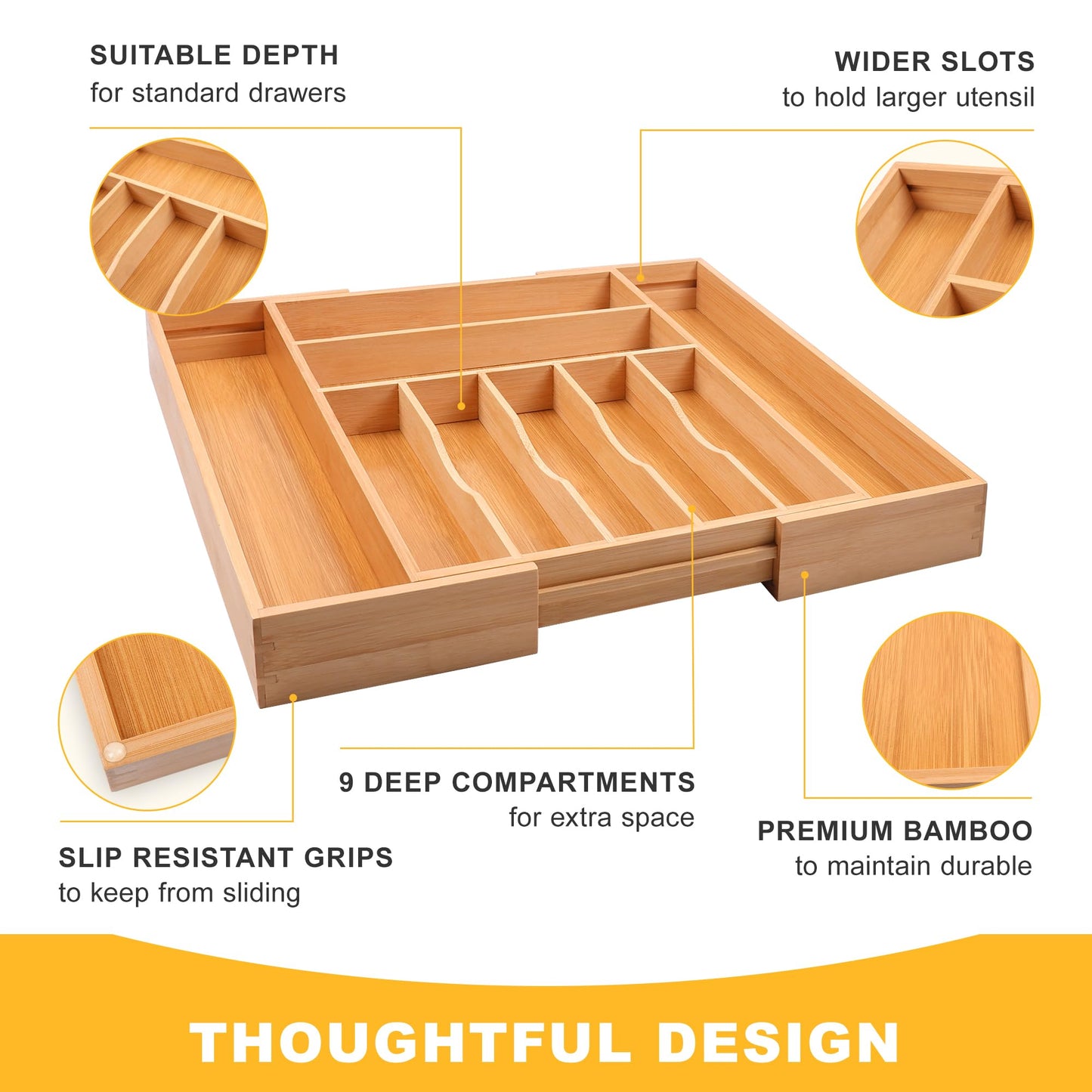 oridom Large Premium Bamboo Silverware Organizer - Expandable Drawer Organizer & Utensil Organizer - 17"x19.7" Cutlery Tray with Dividers for Kitchen Utensils and Flatware (7-9 Slots) (Natural)