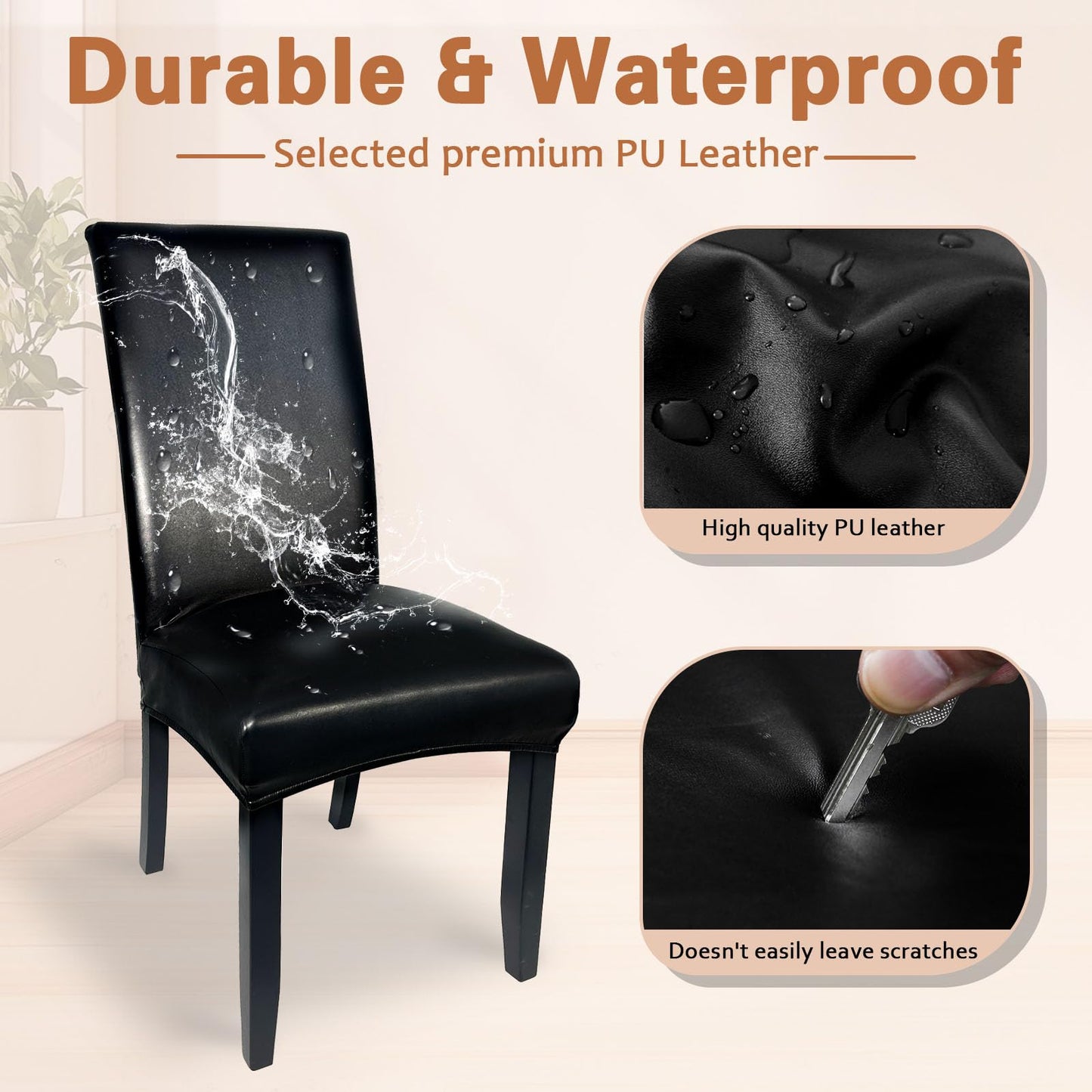 Soft Leather Chair Covers for Dining Chairs set of 6, Stretch Waterproof Dining Chair Covers Protector Oilproof and Scratch-Proof Parson Chairs Cover Modern Style for Kitchen Room(Black, 6Pcs)