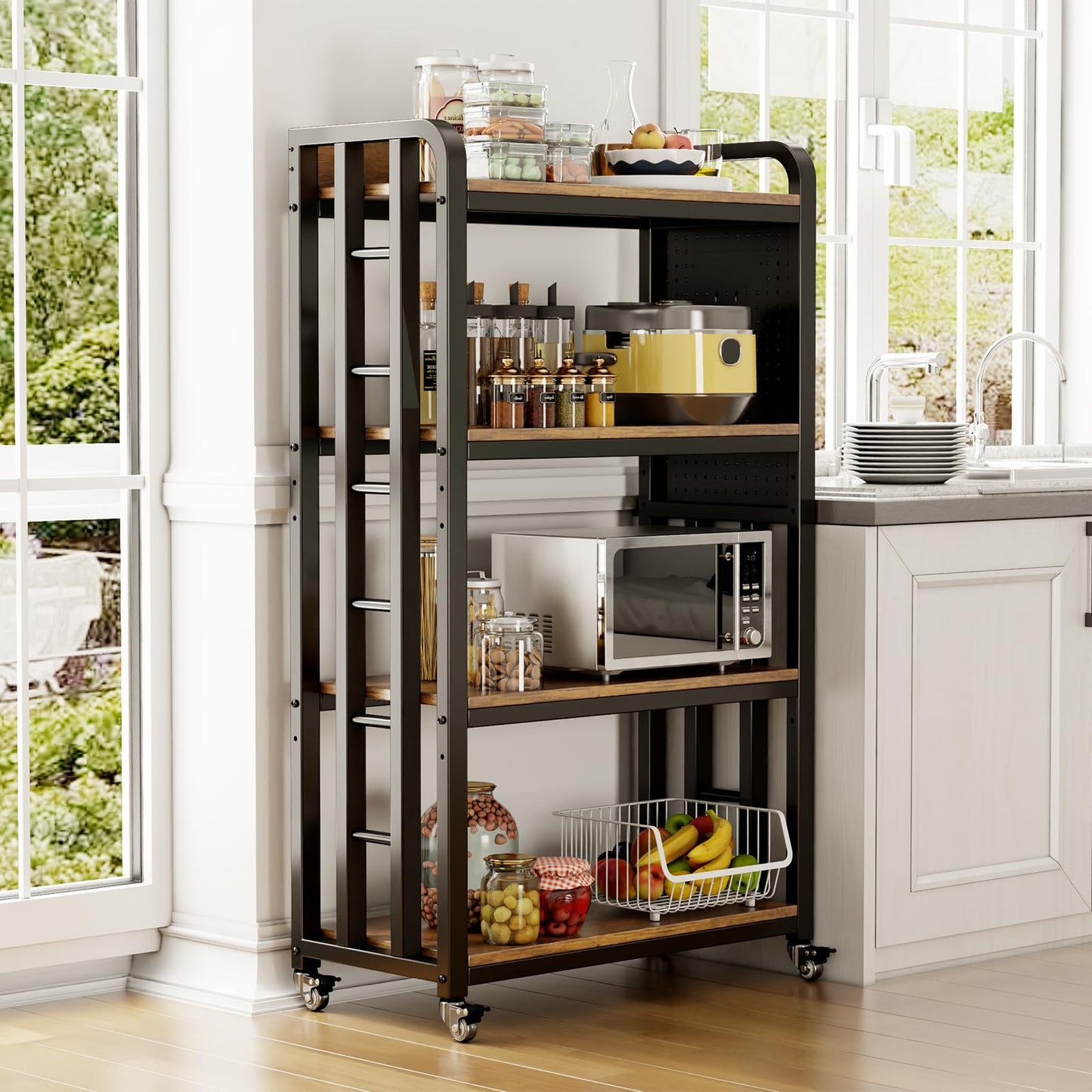 Kitchen Bakers Rack with Power Outlet,With pegboard Bakers Racks,Microwave Oven Stand with Storage 4 Tiers,microwave stand， for Living Room, Dining Room, Coffee Bar(Rustic Brown, 15.75x25.2x55)