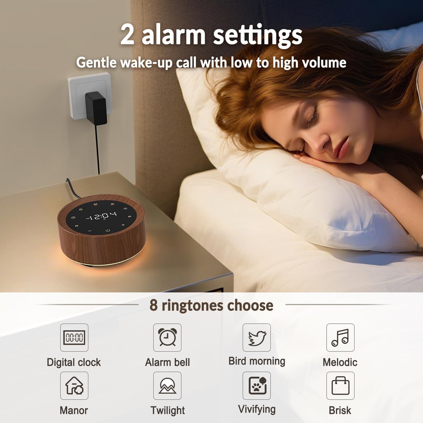 White Noise Sound Machine Alarm Clock 7 Colors Night Light Sound Machine for 20 Soothing Sounds 31 Level Volume 6 Level Screen Brightness 5 Timer Set Memory Function Touch Control for Adult/Baby Wood