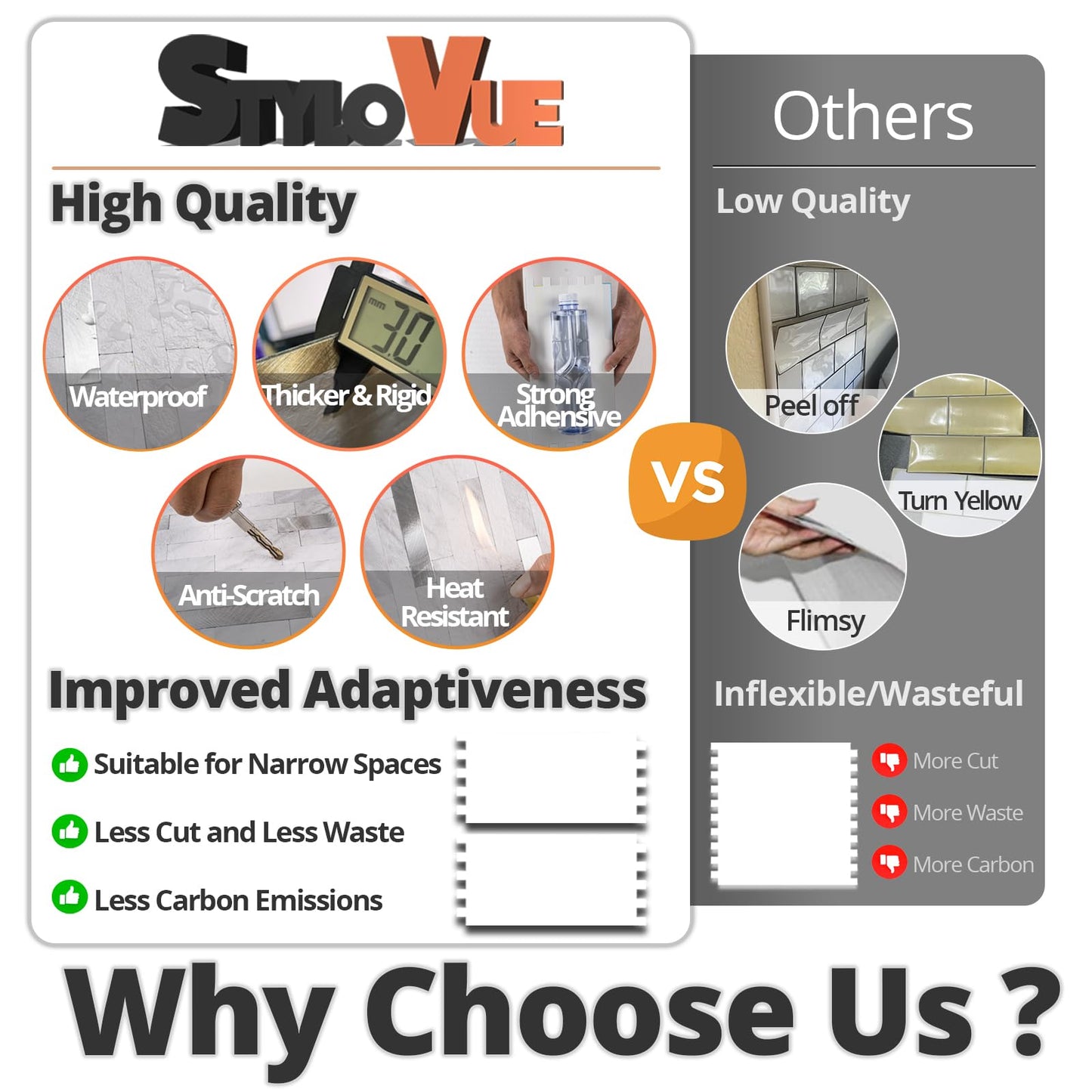 StyloVue 2 Sheets Peel and Stick Backsplash for Kitchen, White Marble with Metal Silver Look Stick on Tile Upgrade Your Kitchen Backsplash, RV, Fireplace