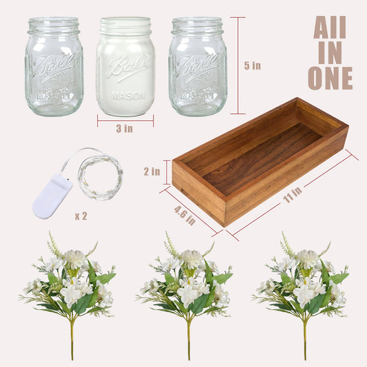 LIOZLIOLY Dining Mason Jar Lights Centerpiece Table Decorations for Dining Room Farmhouse Coffee Table Decor with Wood Tray, 3 Jars Artificial Flowers and Led Light for Kitchen Living Room(White)
