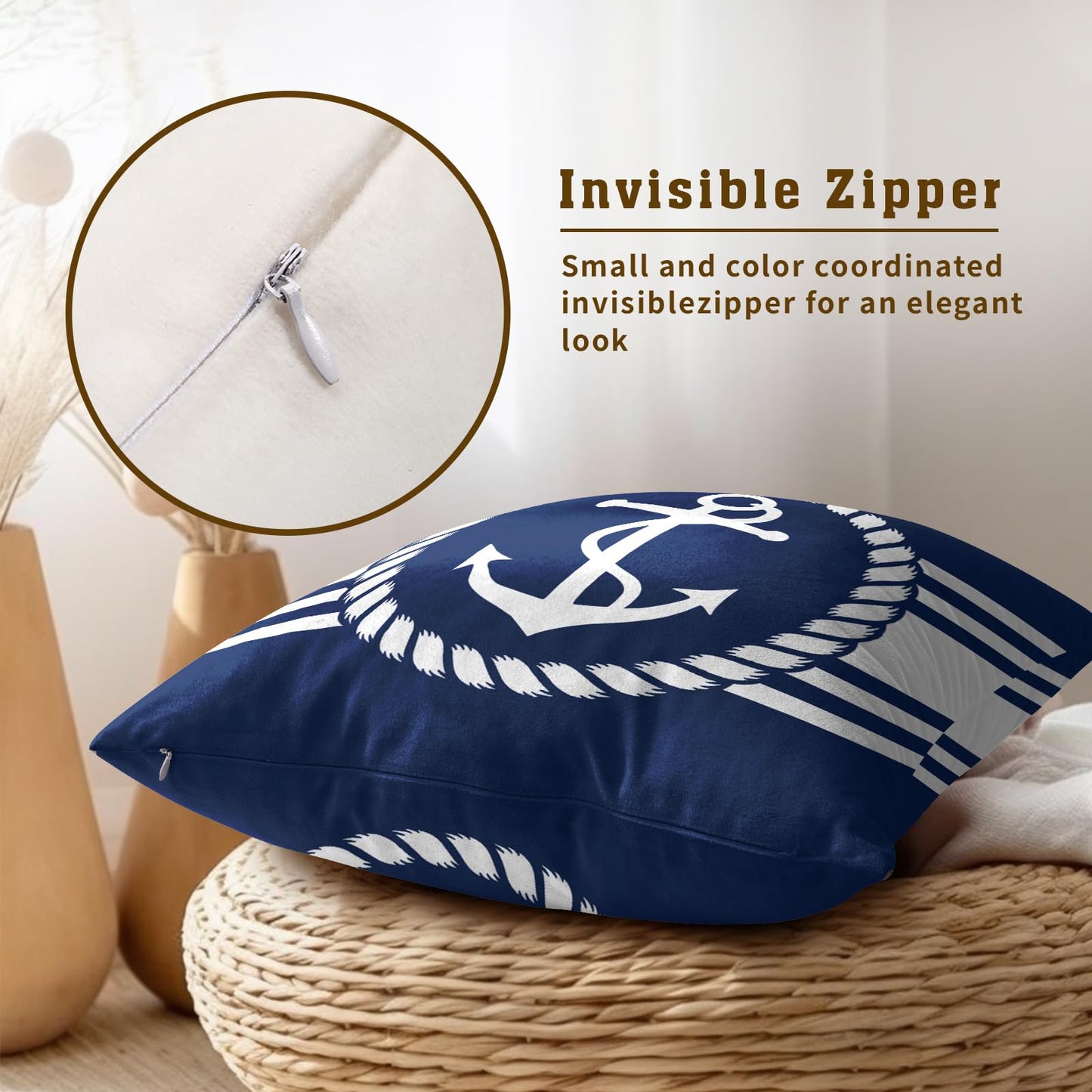 Navy Blue and White Anchors Pillowcovers Ocean Summer Throw Pillow Covers Coastal Nautical Cushion Case for Sofa Home Decor Bedroom Living Room Outdoor 18 x 18 Inches Set of 2 Beach Theme Pillow Cover