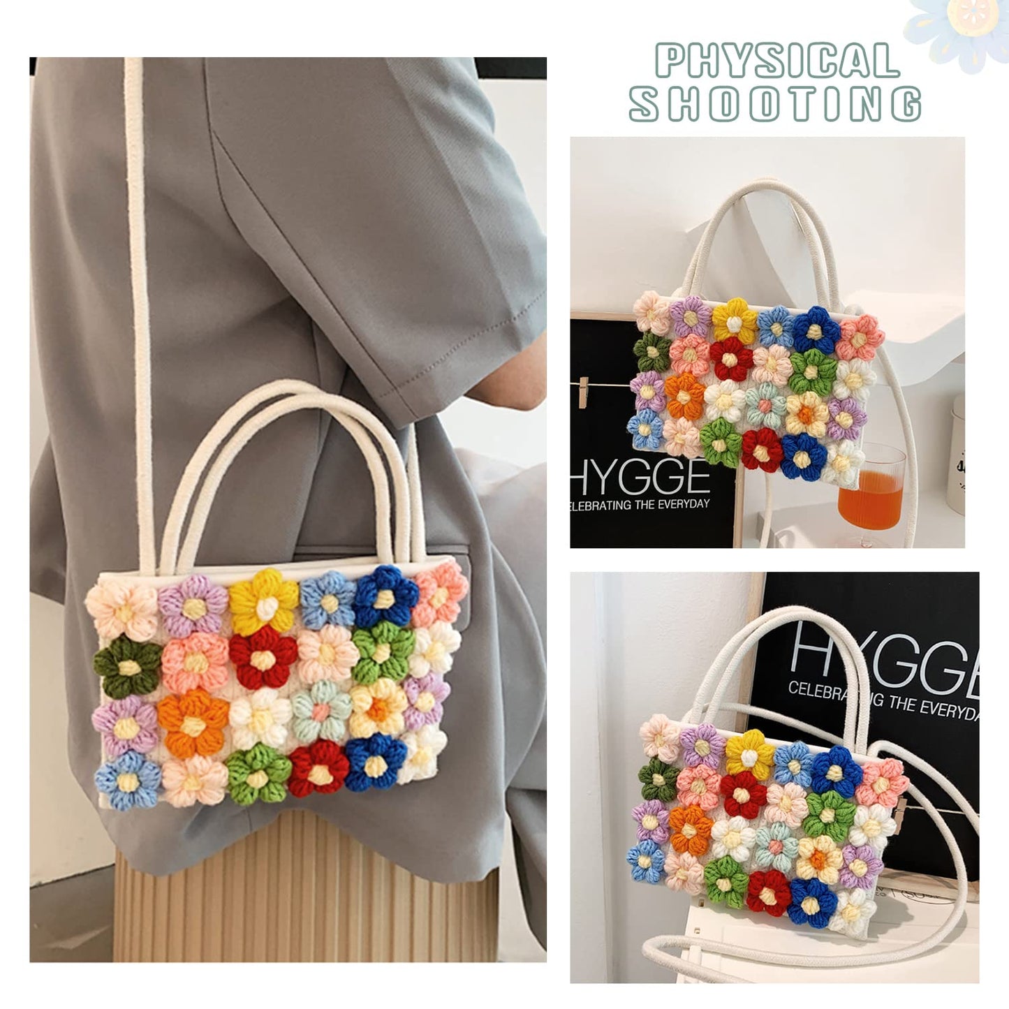 SUKUTU Women Small Flower Handwoven Crossbody Handbag Cute Multicolored Purse Bag Cotton Crochet Shoulder Bag