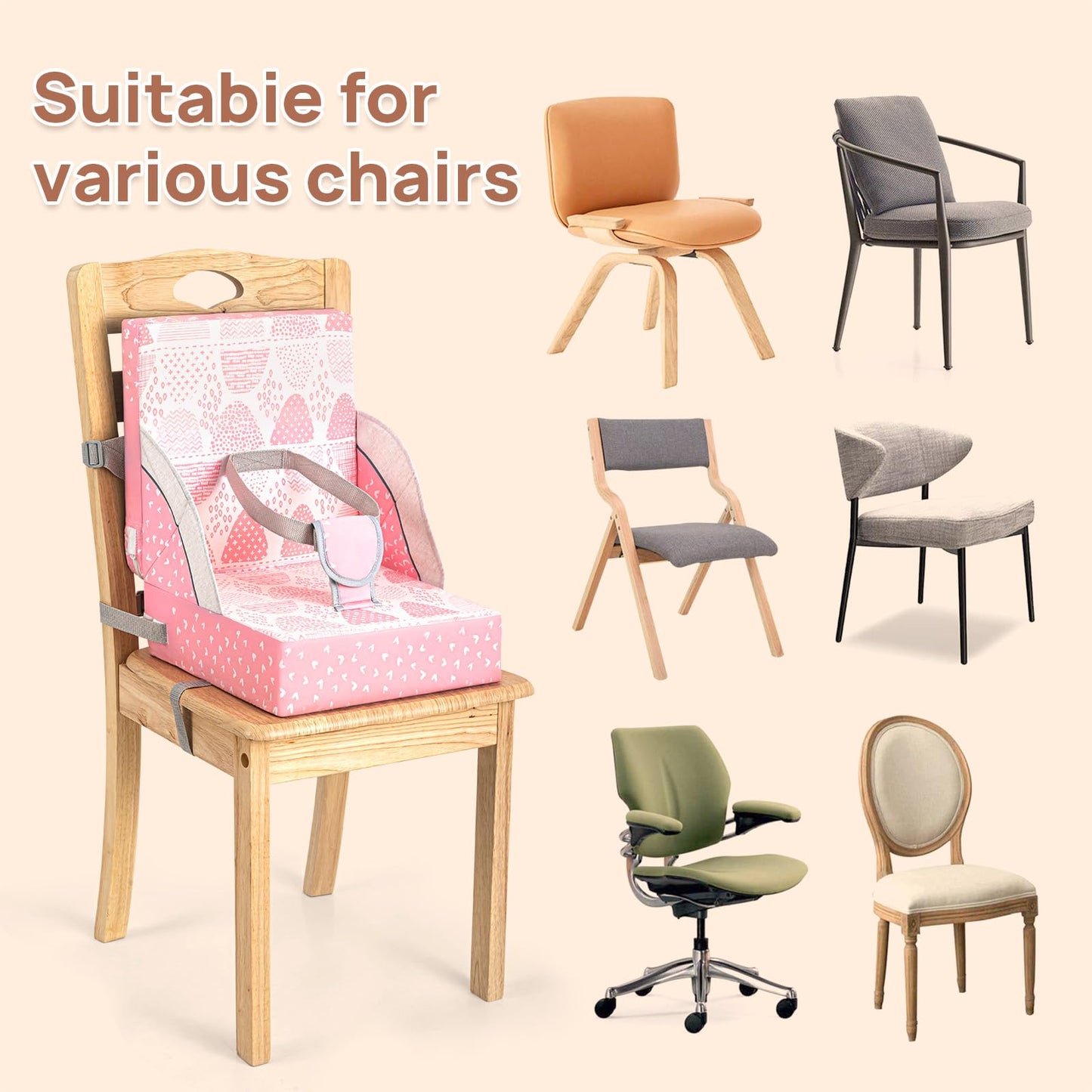 Toddler Booster Seat for Dining Table, Portable Booster Seat for Table, Adjustable Pink Cushion with Creative Design, Washable Seat Pad, Easy to Clean