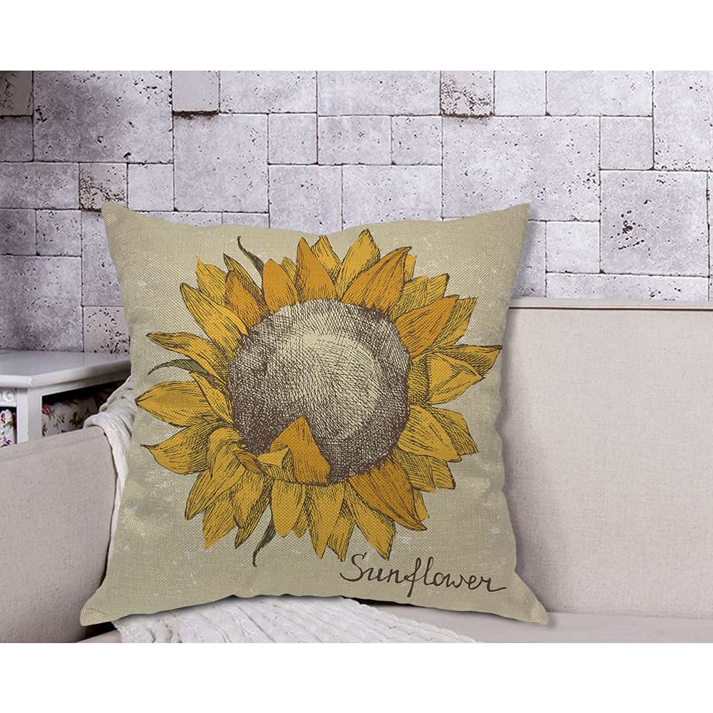 AOYEGO Sunflower in Retro Style Throw Pillow Cover Isolated Grid Floral Sketch Nature Plant Pillow Case 18x18 Inch Square Cushion Cotton Linen Decorative for Couch Bed Home